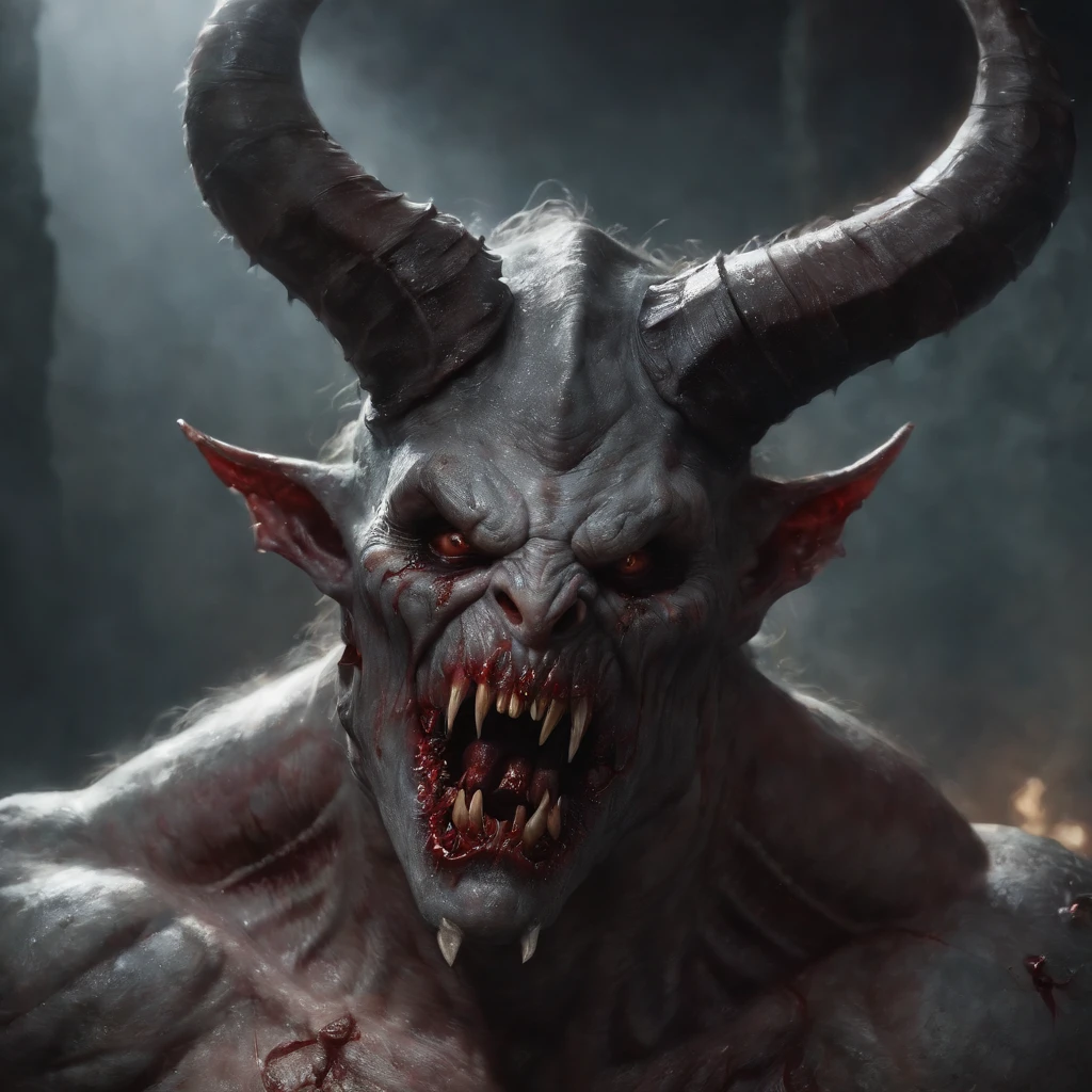 Painting of a demonic creature with a bloodied face and a bloodied head, carnificina, Sci - The Art of Horror Fiction, Science fiction horror arts, inspirado em Aleksi Briclot, As presas da carnificina, Horror art in the fantasy genre, Directed by: Aleksi Briclot, arte conceitual de terror, veneno, Arte de fantasia e terror, Detailed illustration of 4K horror, demonic creature, arte de terror de fantasia sombria, demonic horns, puro mal, marcas no rosto, lingua pra  fora