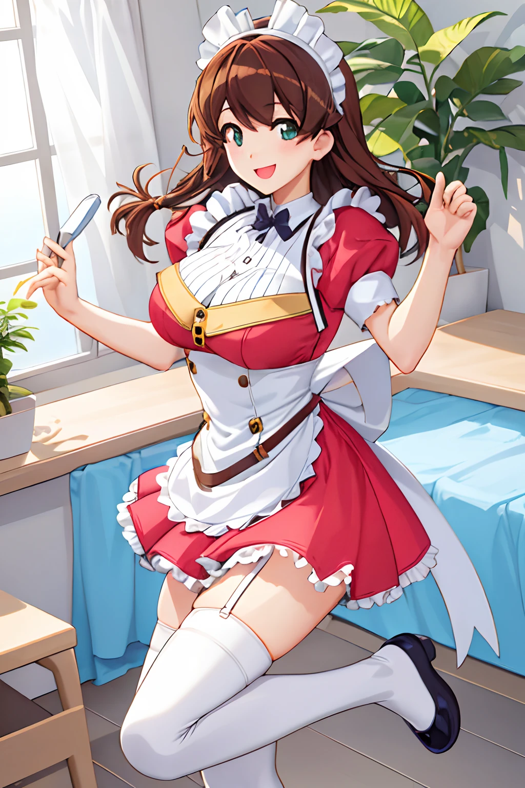 best qualit,1girl in,Solo,
,thighs thighs thighs thighs, Cyber Doll_May,maid_May,1girl in, Solo, Underwear, thighs thighs thighs thighs, Panties, maid,white thighhig, Maid headdress, Short sleeves, White panties, mop, Green eyes, Apron, Open mouth, Puffy sleeves, Dress,, pantyshot, Puffy Short Sleeves, frilld, garter strap, Long、Smile, shoes, Standing,Smile,Medium-sized breasts、