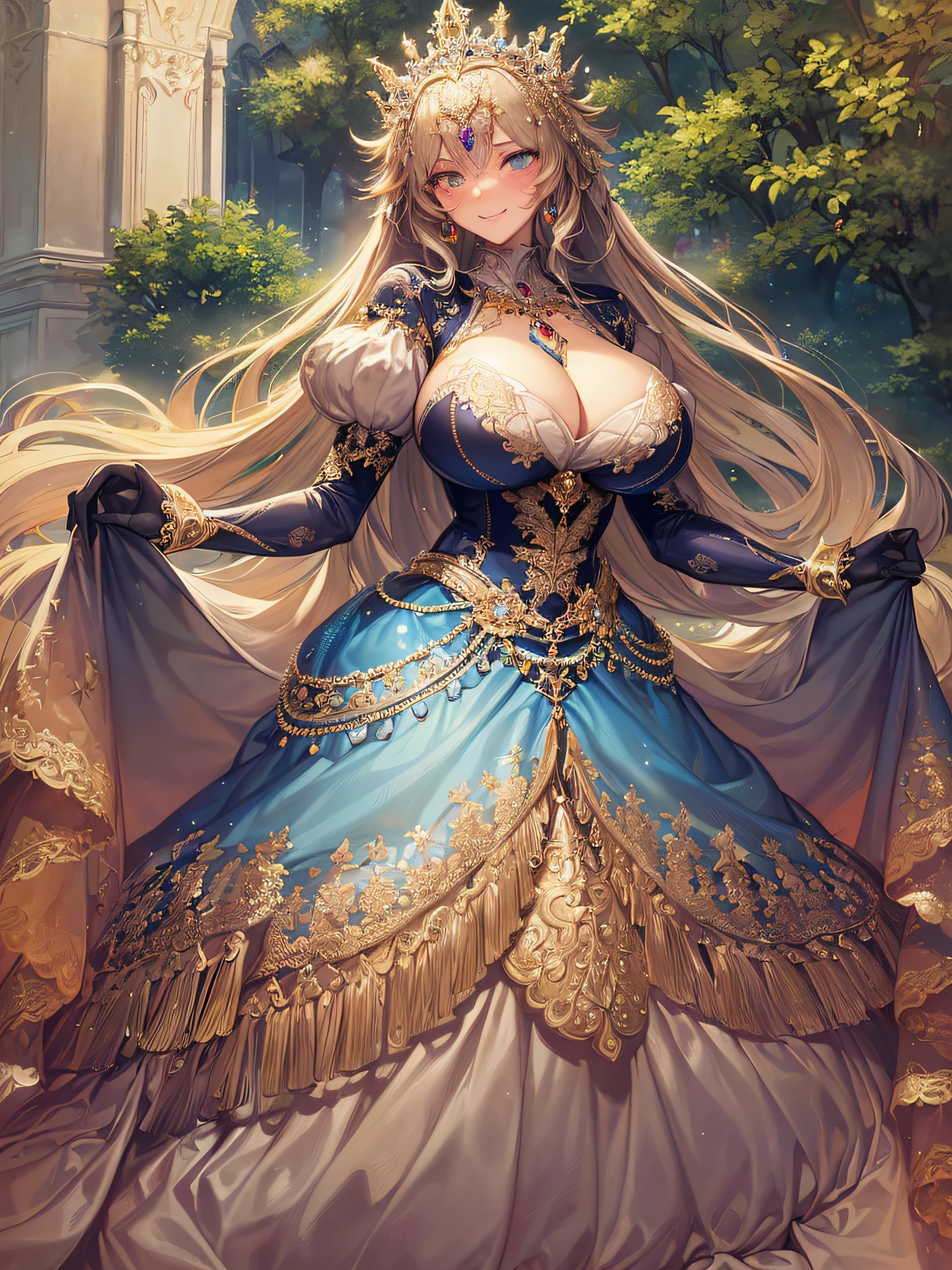 ((Anime Art Style)),(masutepiece),(Best Quality), (Super Detail),(Highly detailed CG Unity 8k wallpaper),((Very delicate and beautiful)),1 Lady,((Full body portrait)),((Stand in the garden)),((Solo)),(((One princess in a very gorgeous Rococo princess ball gown and a voluminous full-length hoop skirt adorned with gorgeous embroidery and jewels))),(((Giant Crinoline Hoop Skirt))),Long Train,((Gorgeous embroidery and jewelry)),voluminous ruffles,(((very very gigantic boobs,Skindentation))),cleavage,((Very long straight hair,Very voluminous straight long hair,Very long straight hair)),(finely detailed face and eyes),((Seductive smile,embarrassed)),Beautiful eyes like jewels,Very gorgeous hair ornament,(A very gorgeous tiara adorned with sparkly jewels),((Glitter Gorgeous Gemstone Jewelry)),Gorgeous Long Veil,((ultra long gloves)),(Beautiful background),(Full body),((Very gorgeous Rococo princess ball gown with gorgeous embroidery and jewels and voluminous full-length hoop skirt))