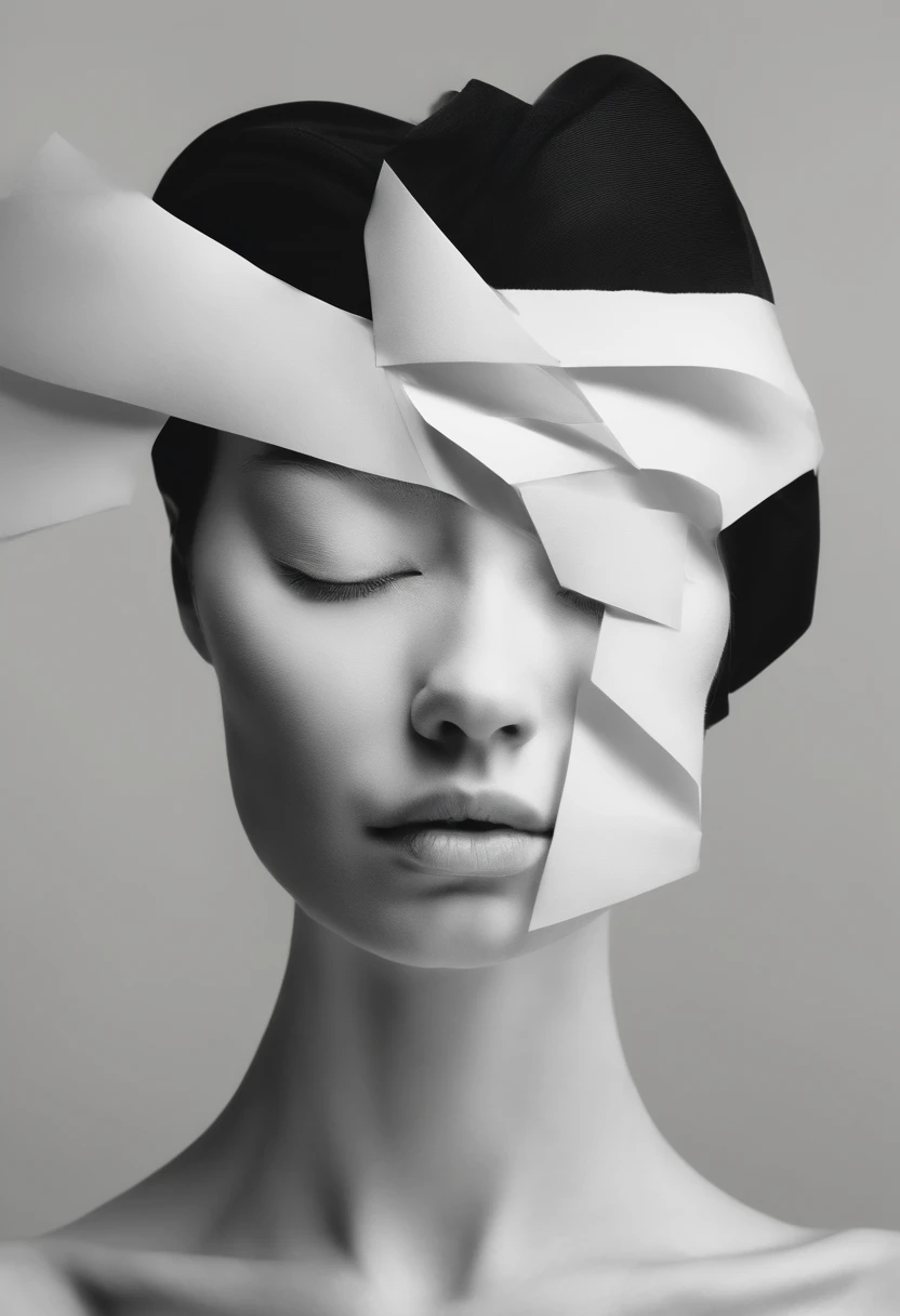 Close up of face with closed eyes,Hold your head with both hands, Wrinkled face made of paper,abstract portrait,Surreal dark art, 4 k symmetrical portrait,