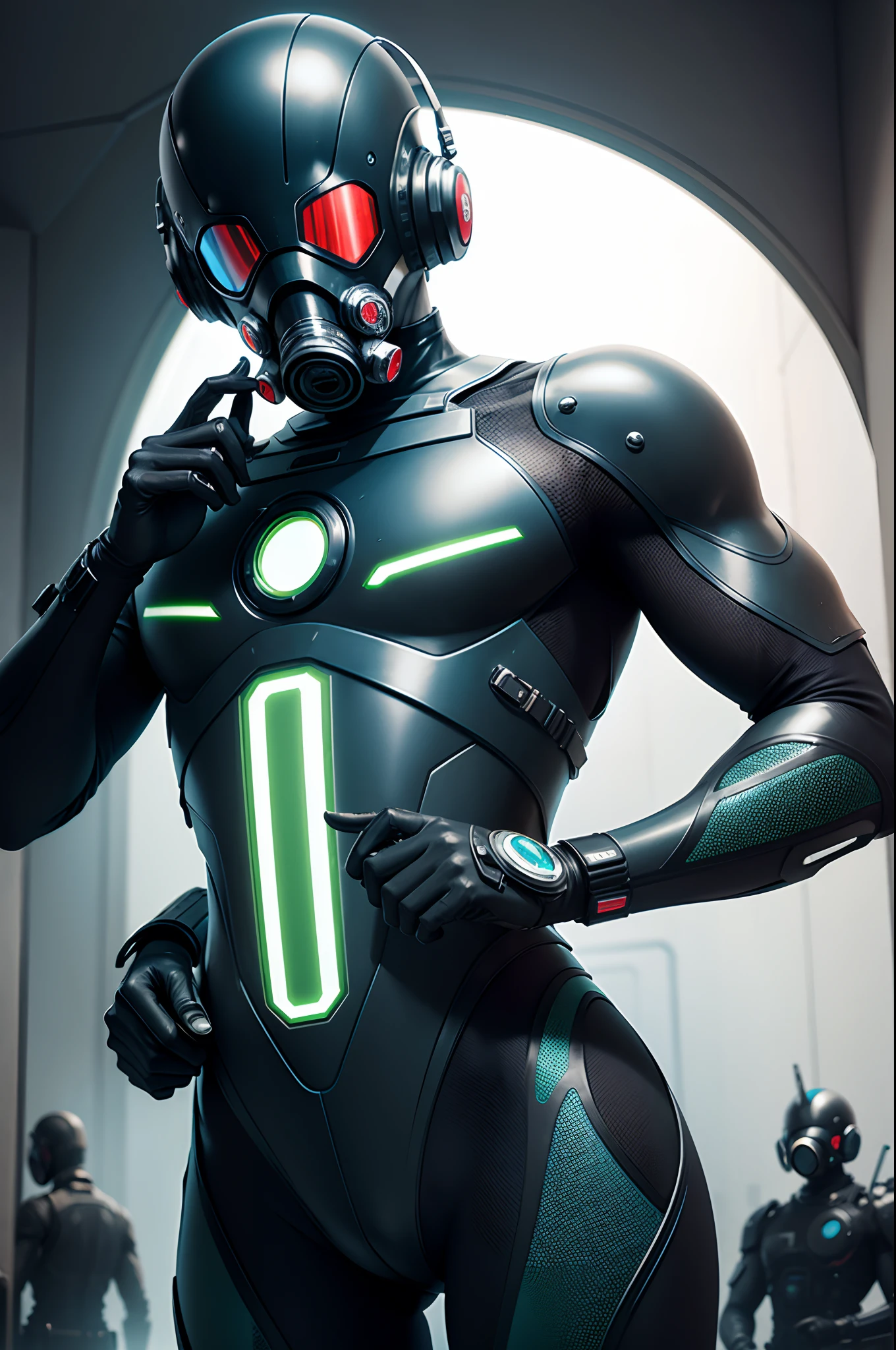 muscle drone, brainwashing, submerged in amniotic tank, tube connected to body parts, male, hypno visor, bulging muscle, electro shock, spread eagle standing position