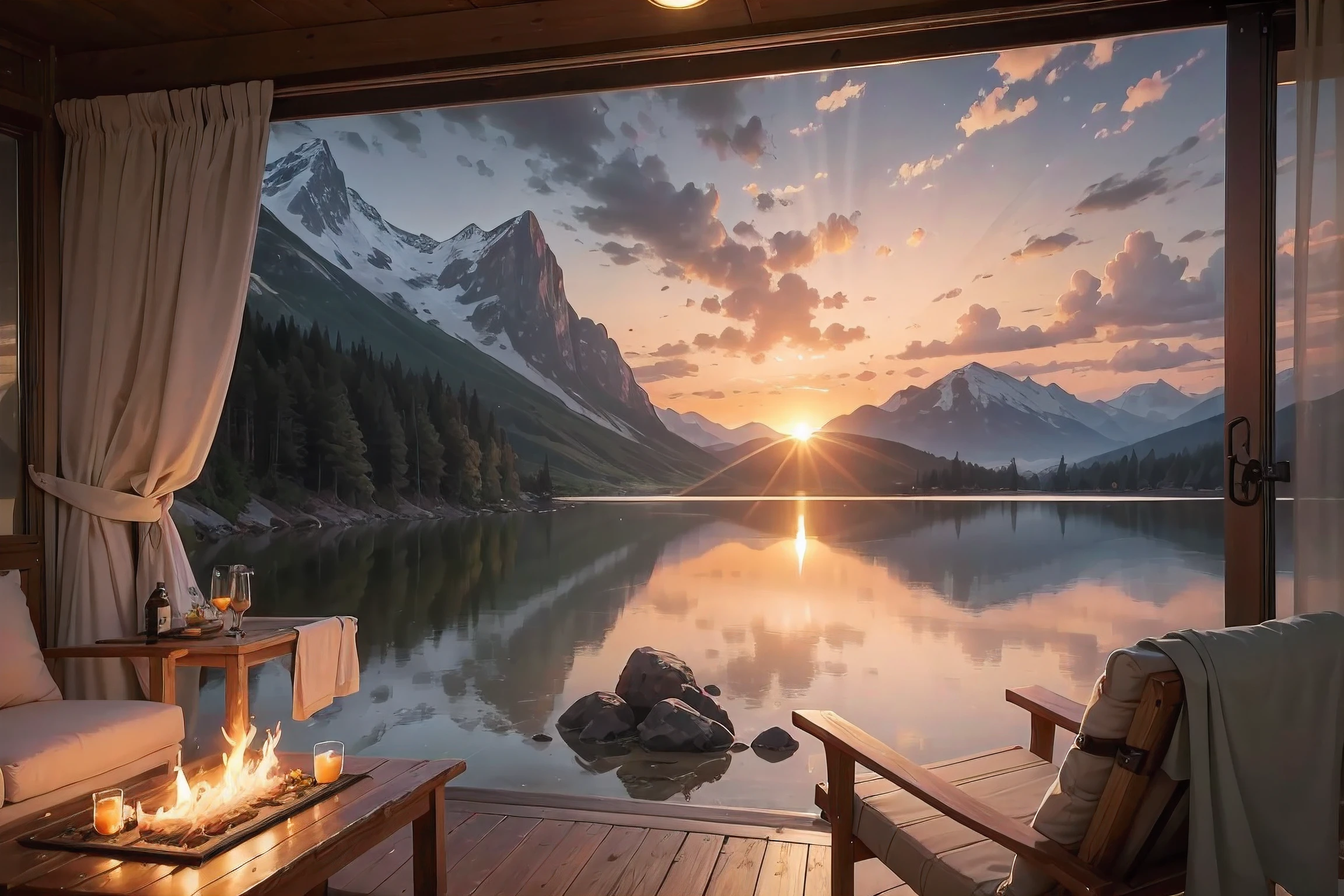 (Best quality,4K,8K,A high resolution,Masterpiece:1.2),Ultra-detailed,(Realistic,Photorealistic,photo-realistic:1.37),Campervan,RV,vehicle,Luxurious,,spacious,comfortable,camping,Adventure,travel,vacation,Outdoors,scenic,Beautiful nature,In the wild,wilderness,Sunset,Sunrise,Mountains,ln the forest,Remote location,Peaceful,serene,tranquil,lakeside,Collection,barbecue,unwind,Family time,Comfortable interior,King bed,kitchenette,Shower,toilet,Equipped with essentials,Awning,Alfresco dining area,solar panels,On-board power supply,Spacious storage space,sleeping bag,picnic table,Outdoor gear,fishing gear,hiking boots,binoculars,campfires,Stargazing,music,Dance,Bonding moments,Memories of a lifetime,blissful,Enjoy the beauty of nature,Out of touch with the world,Find inner peace,Embrace simplicity,Colorful sunset,Soft natural lighting。