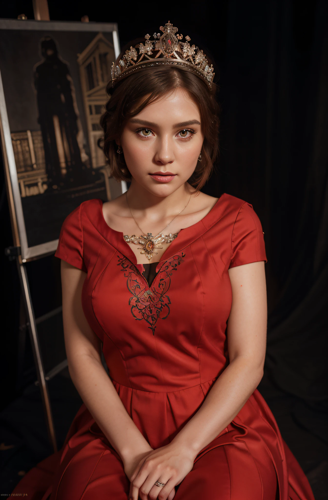 masterpiece, hyperrealistic, fullbody, beautiful caucasian pretty princess, detailed short hair neatly style with crown, chubby pretty face with detailed heavy bold glamourus makeup, detailed eyes, sitting in the dark room, wearing luxuryus red gown dress, unreal engine 5, digital painting, small body, face looking into camera, trending on artstation.UHD 8k resolution, WLOP, Alphonse Mucha, approaching perfection, intricately detailed, hyperdetailed painting, high contrast, Character Sheet, hit definition, high quality, HD