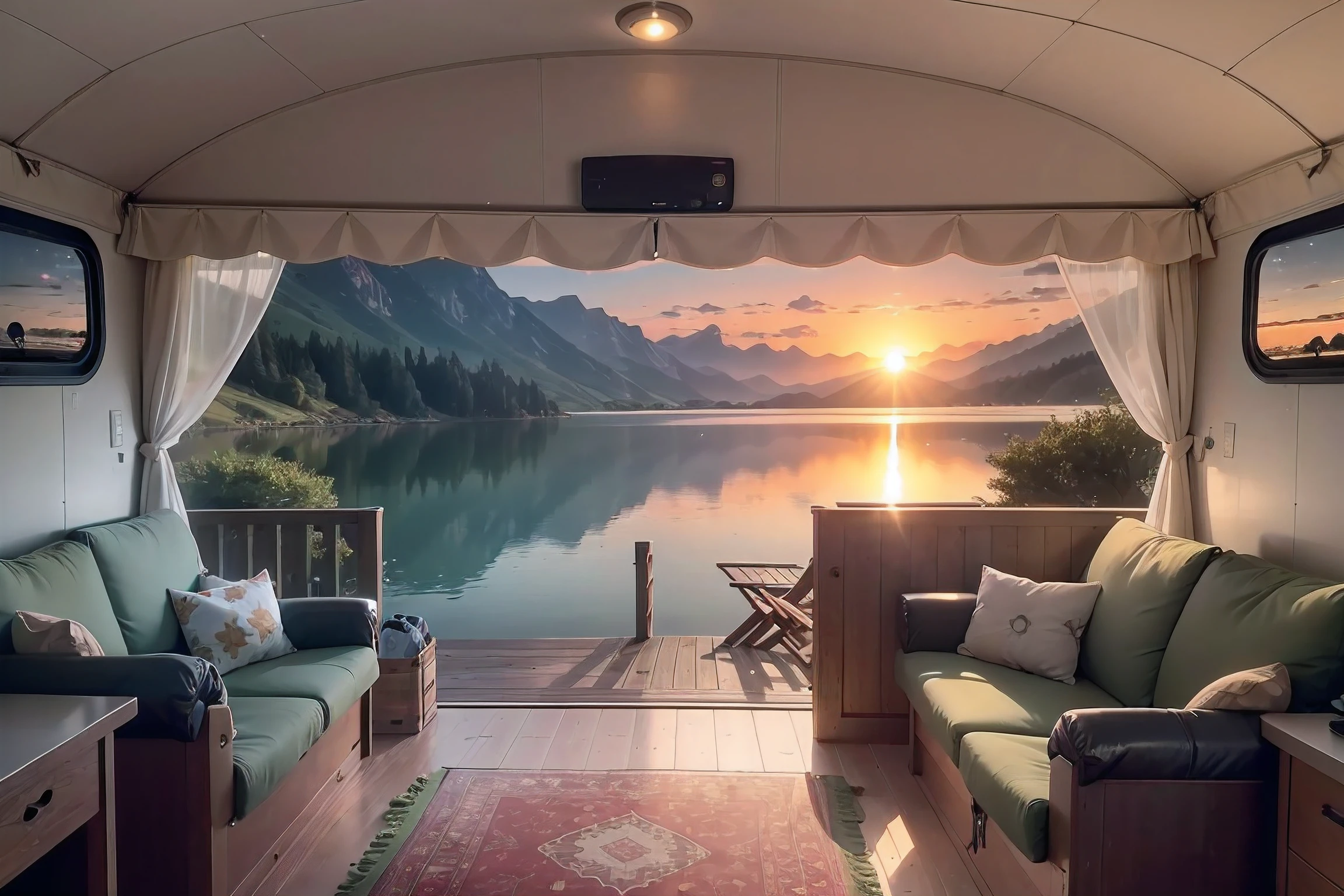 (Best quality,4K,8K,A high resolution,Masterpiece:1.2),Ultra-detailed,(Realistic,Photorealistic,photo-realistic:1.37),Campervan,RV,vehicle,Luxurious,,spacious,comfortable,camping,Adventure,travel,vacation,Outdoors,scenic,Beautiful nature,In the wild,wilderness,Sunset,Sunrise,Mountains,ln the forest,Remote location,Peaceful,serene,tranquil,lakeside,Collection,barbecue,unwind,Family time,Comfortable interior,King bed,kitchenette,Shower,toilet,Equipped with essentials,Awning,Alfresco dining area,solar panels,On-board power supply,Spacious storage space,sleeping bag,picnic table,Outdoor gear,fishing gear,hiking boots,binoculars,campfires,Stargazing,music,Dance,Bonding moments,Memories of a lifetime,blissful,Enjoy the beauty of nature,Out of touch with the world,Find inner peace,Embrace simplicity,Colorful sunset,Soft natural lighting。