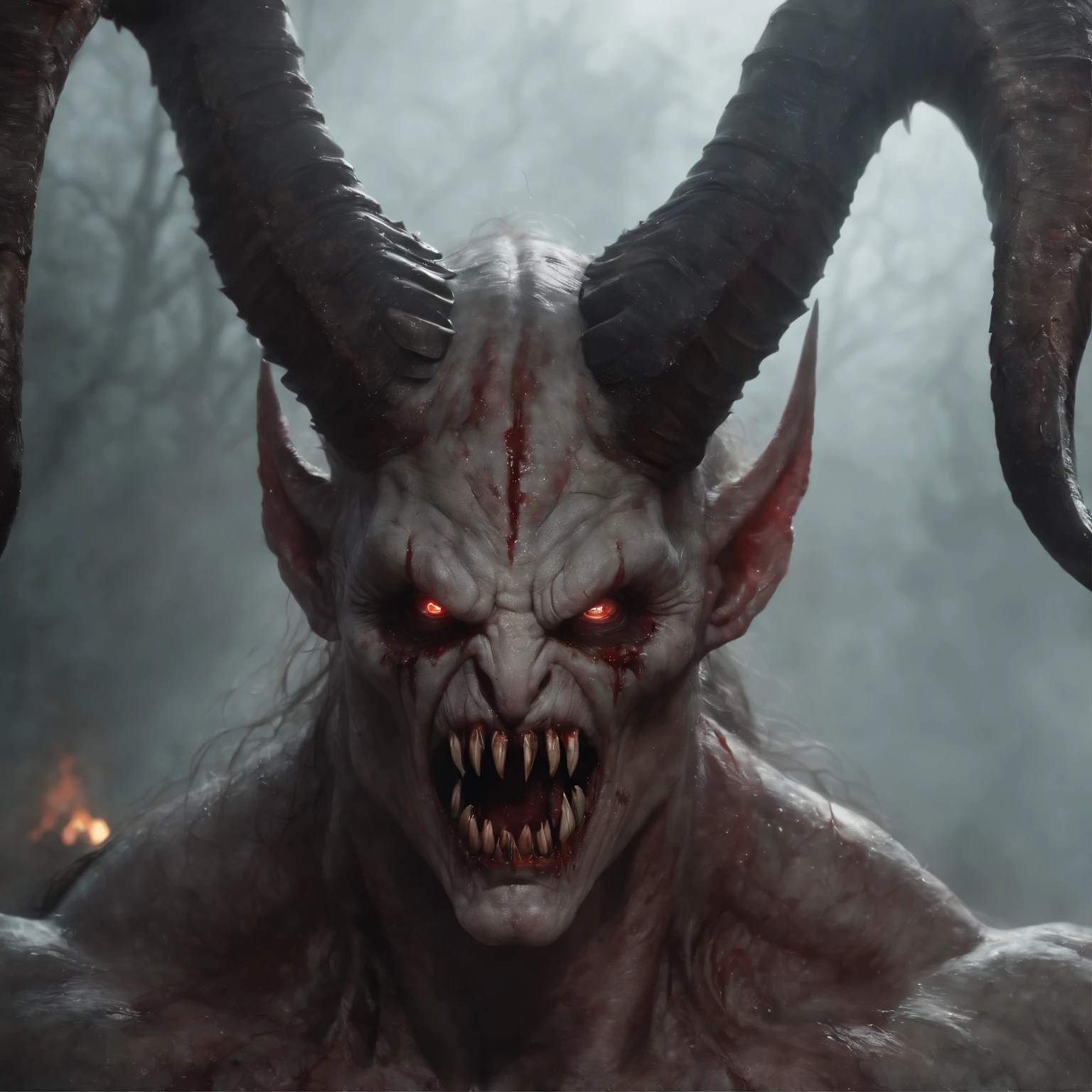 Painting of a demonic creature with a bloodied face and a bloodied head, carnificina, Sci - The Art of Horror Fiction, Science fiction horror arts, inspirado em Aleksi Briclot, As presas da carnificina, Horror art in the fantasy genre, Directed by: Aleksi Briclot, arte conceitual de terror, veneno, Arte de fantasia e terror, Detailed illustration of 4K horror, demonic creature, arte de terror de fantasia sombria, demonic horns, puro mal, marcas no rosto, lingua pra  fora