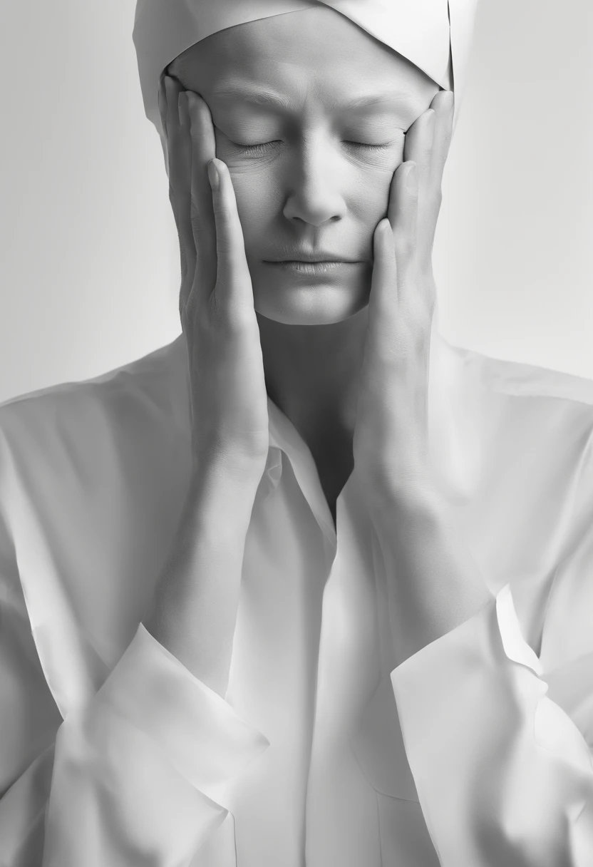 Hold your head with both hands, Wrinkled face made of paper, Close up abstract portrait of face with closed eyes,Surreal dark art,