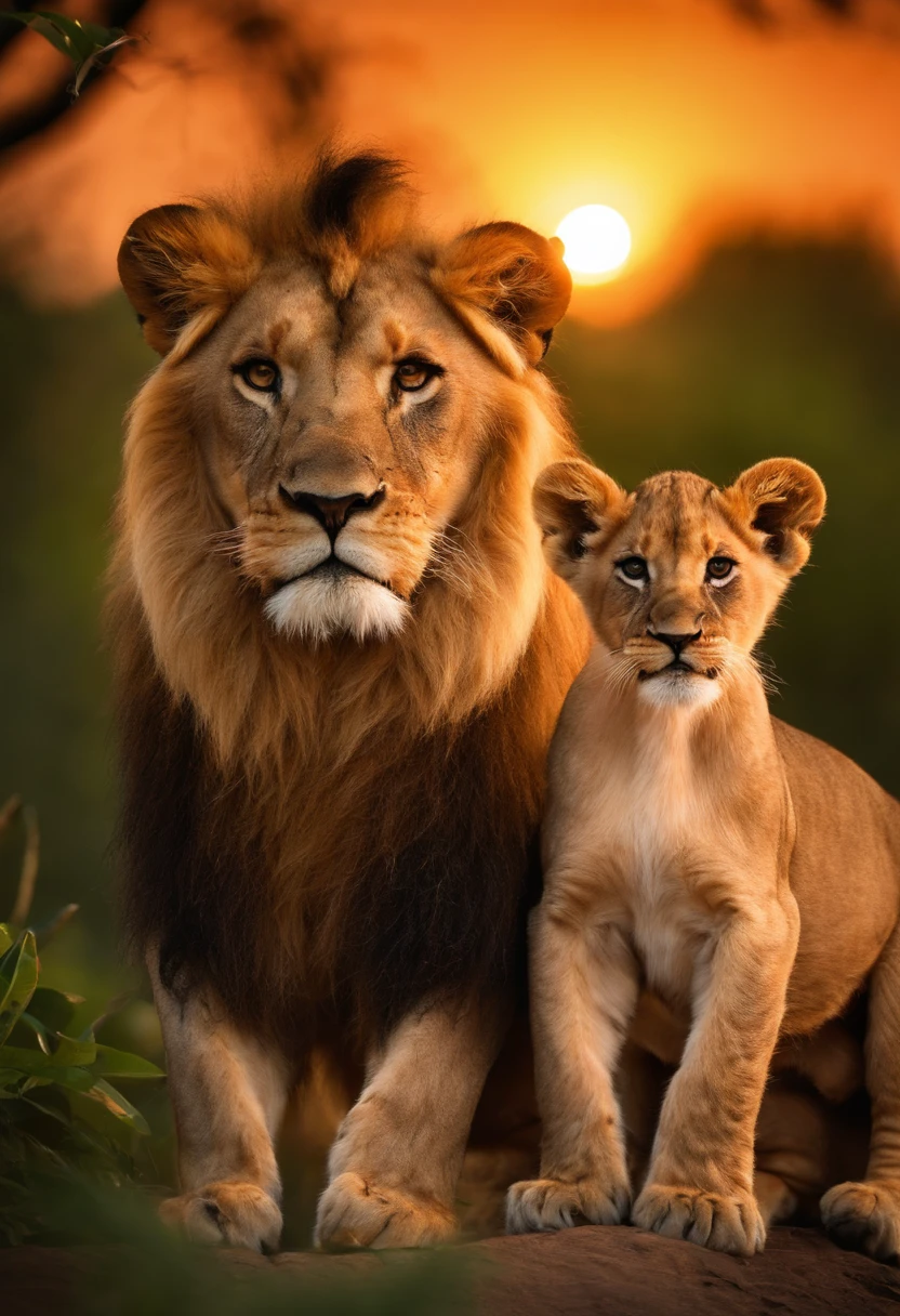 Lion and lioness 2 cubs sunset in the jungle