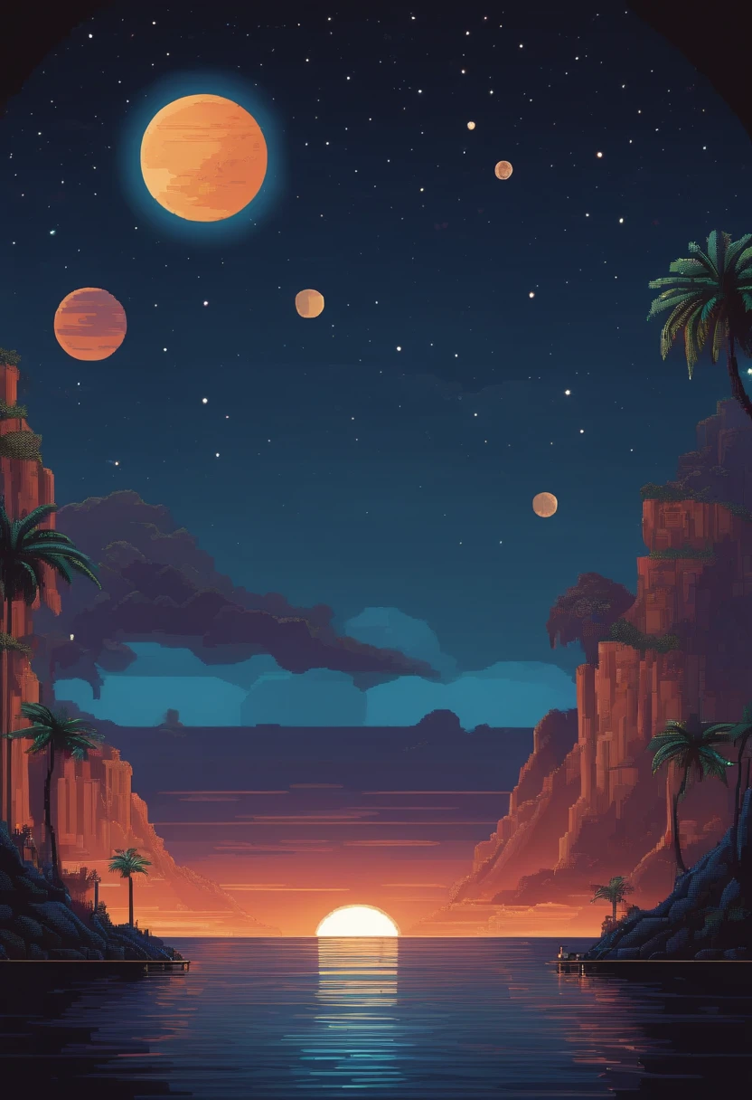 Pixel art of giant planets rising on open sea, beautiful detailed pixel art, detailed pixel art, Lofidel retro video game, concept pixelart, detailed pixel artwork, Pixel art style, pixel town, pixel art animation, high quality pixel art, Dolphins jump off the sea, super detailed color lowpoly art, #Pixel art:3, # Pixel art, #Pixel art