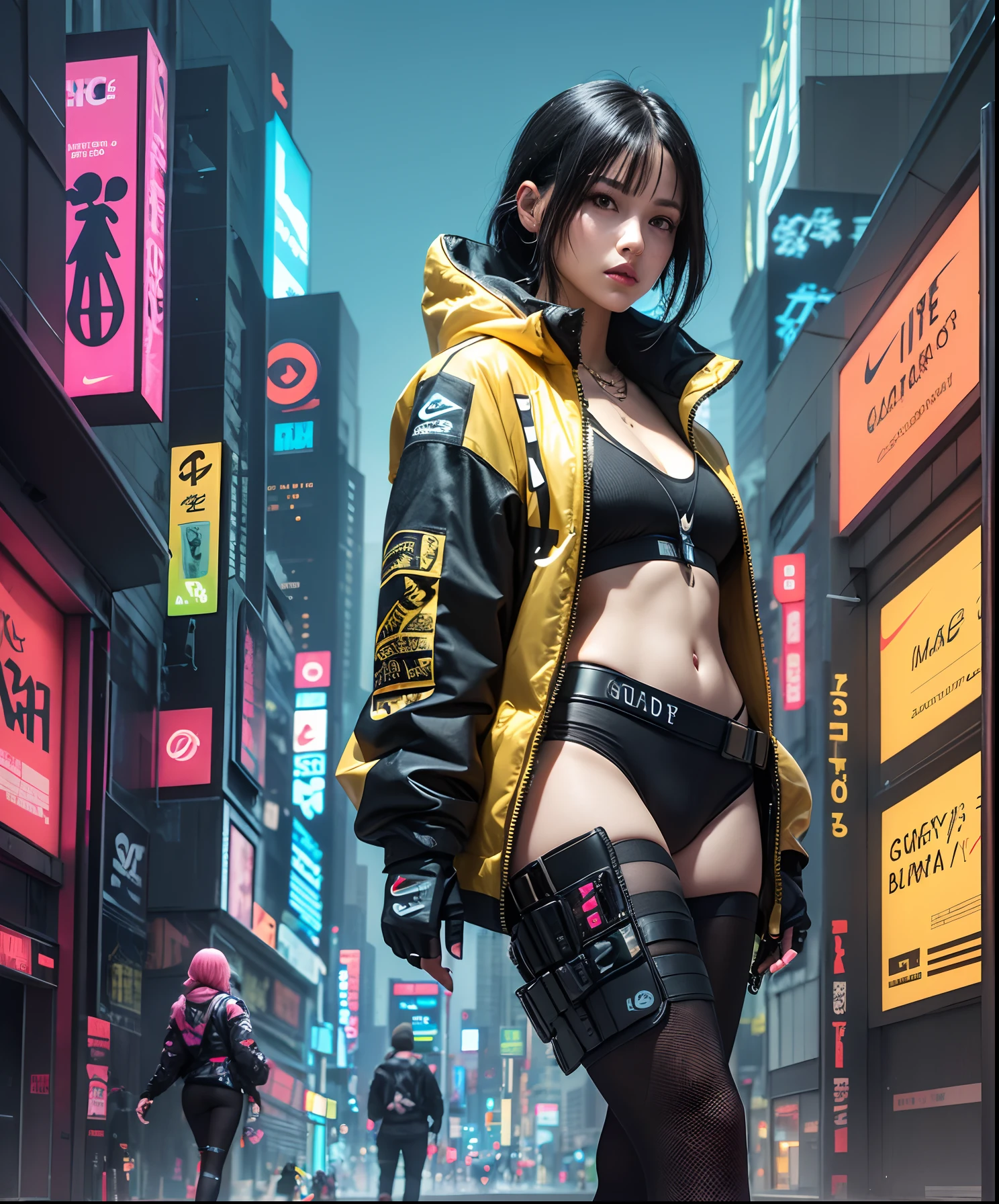 Cyberpunk Girl Techwear, Street clothes, Appearance and clothing, We can see them from head to toe, High detail and complexity, the golden ratio, Beautiful bright colors, hypermaximalist, Futuristic, cyberpunk setting, luxury, elite, Cinematic, Techwear Fashion, Nike ACG, Y3, ACRNYM Errolson Hugh style --auto --s2