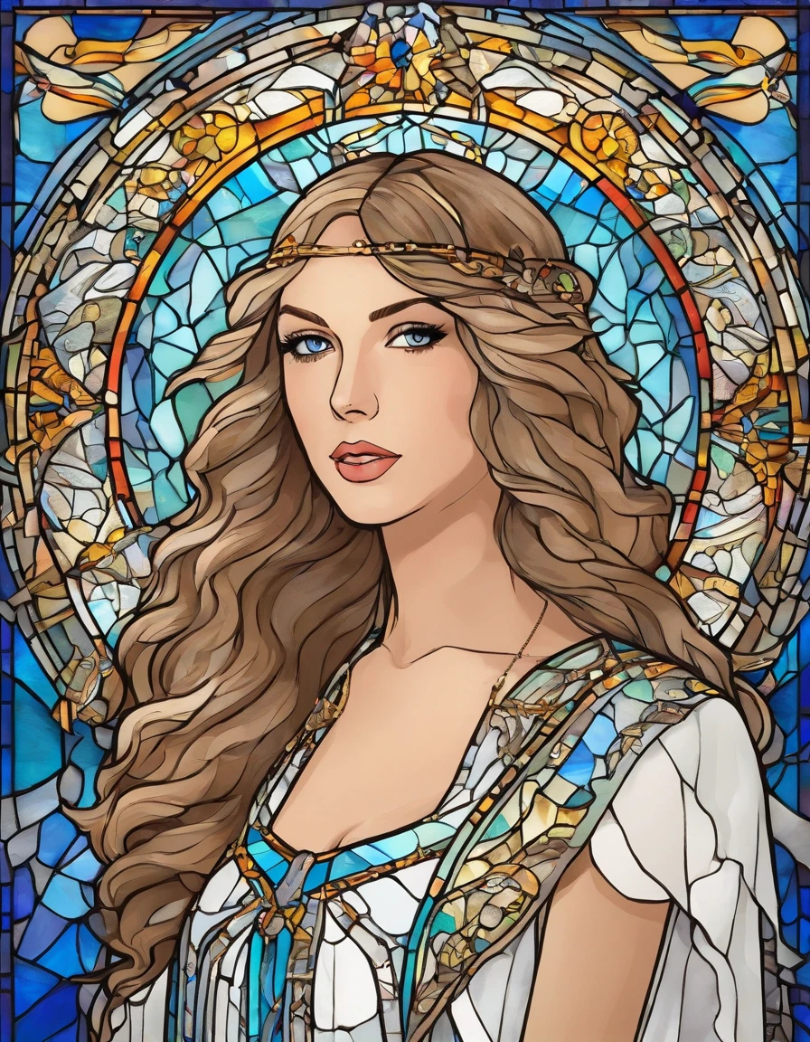 1 menina, Taylor Swift, 18 anos, alto, low water, louro, majo, cabelo loiro liso com franja, olhos azuis. White dress with blue command as of Our Lady of Grace. wearing prescription glasses.