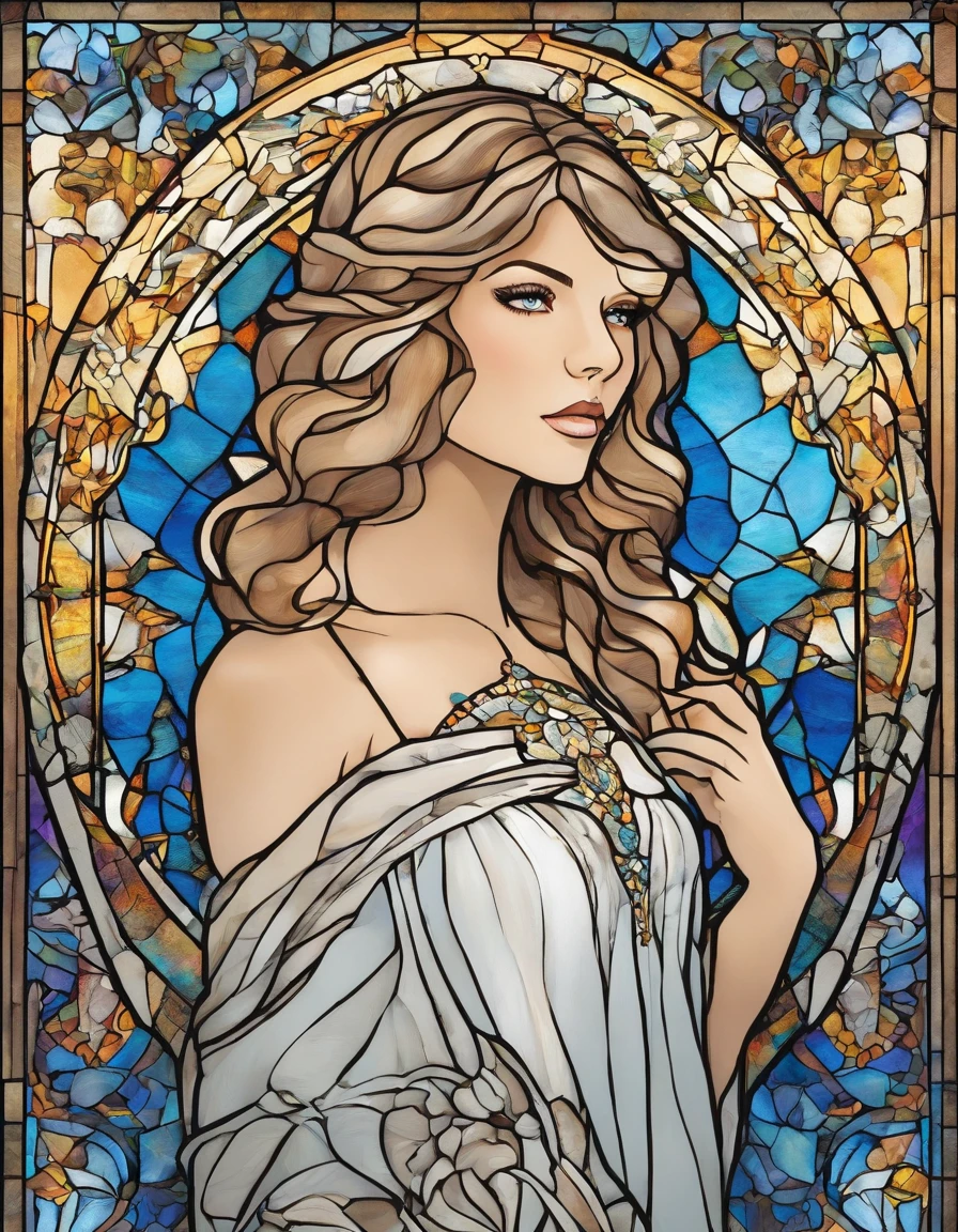 1 menina, Taylor Swift, 18 anos, alto, low water, louro, majo, cabelo loiro liso com franja, olhos azuis. White dress with blue command as of Our Lady of Grace. wearing prescription glasses.