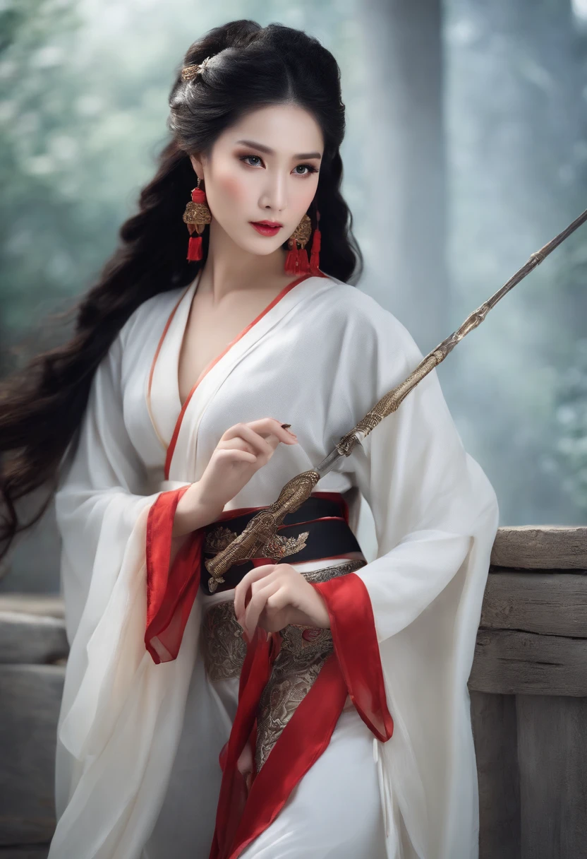 (tmasterpiece,high-level image quality,Beautiful face,Oriental Women,Eastern Warriors,shrine maiden、Messenger of God,a matural female,Sophisticated eye and facial details,Stand tall,Fairy-like appearance,Beautiful embryo,Light gauze like white,Cloth boots and over-the-knee stockings display,Hanfu,Ancient wind,Light smoke and fog surroundings,Long Black Hair,stunning beauty,Tall Body,Rich scene details,action,Wide buttock,thick thighs)