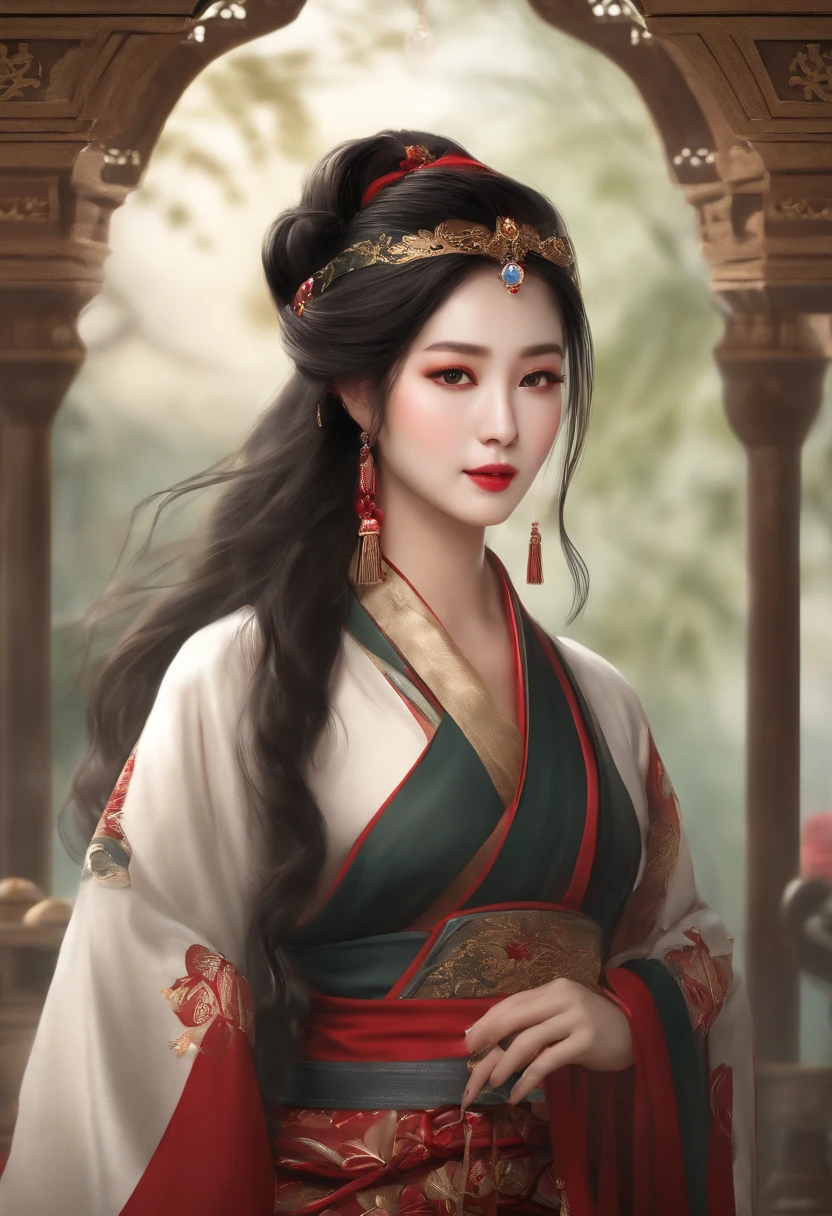 (tmasterpiece，high-level image quality，Beautiful face，Oriental Women，Eastern Warriors，shrine maiden、Messenger of God，a matural female，Sophisticated eye and facial details，Stand tall，Fairy-like appearance，Beautiful embryo，Light gauze like white，Cloth boots and over-the-knee stockings display，Hanfu，Ancient wind，Light smoke and fog surroundings，Long Black Hair，stunning beauty，Tall Body，Rich scene details，action，Wide buttock，thick thighs)