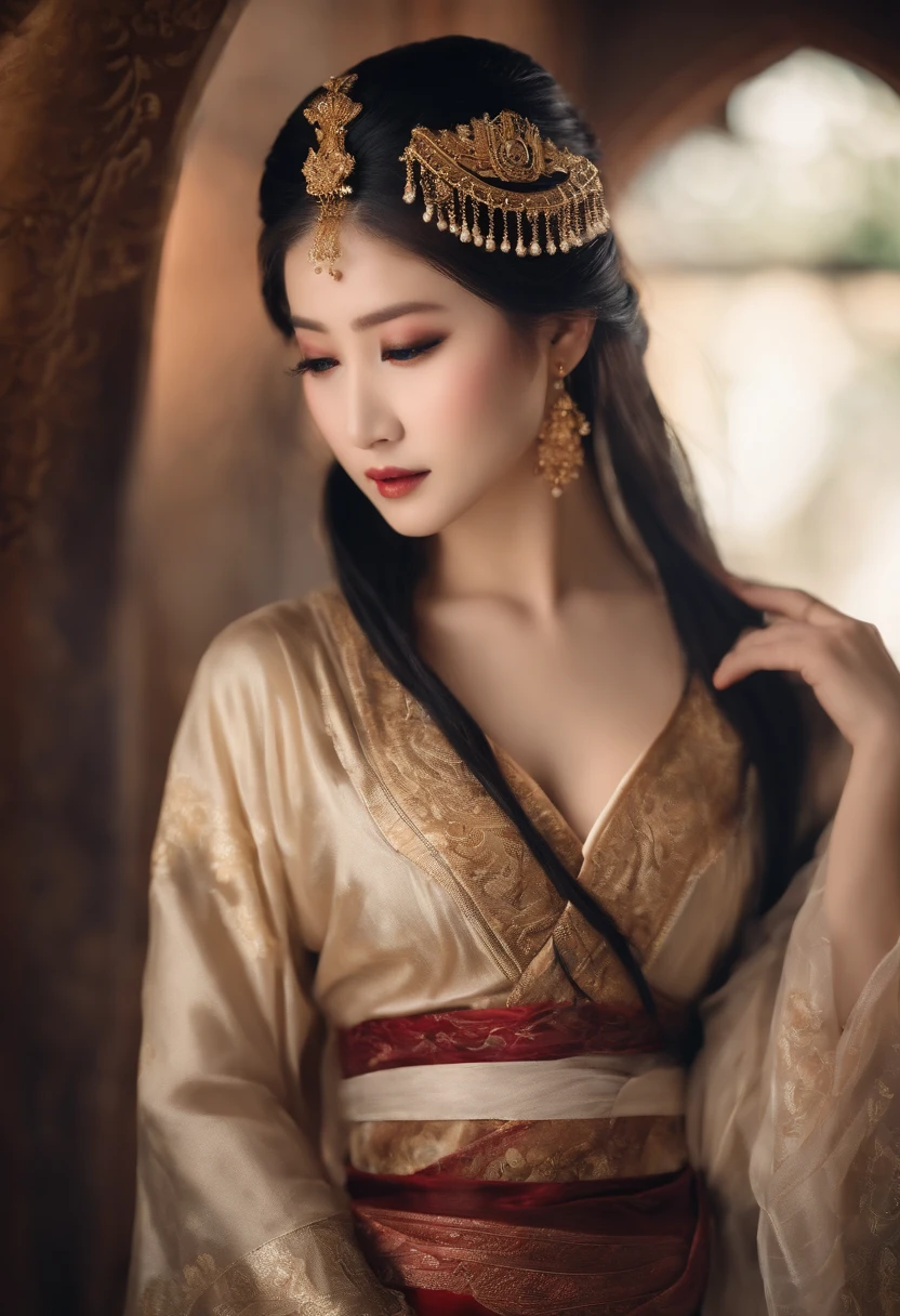 Feng Shen List,tmasterpiece,ultra fine photos,,best qualtiy,超高分辨率,Photoreality,Chiaroscuro,(full-body portraits),stunningly beautiful,dynamicposes,delicated face,Bigchest,Murderous eyes,(seen from the side),She wears gold ancient Chinese armor,very highly detailed background,detailed face with,Detailed and complex busy background,untidy,opulent,milkyW,Highly detailed skin,Realistic details of skin,Visible Pore,tack sharp focus,volume fog,8k uhd,digital SLR camera,high qulity,filmgrain,White skin of the,photo-realism,lomography,The palace of the Yin Shang King in ancient China , look from down, semi transparent, large breasts, showing cleavage, full body shot camera angle, lotus tattoo on forehead, perfect body: 1.4, Slim abdomen: 1.2, sitting on chair with legs up,