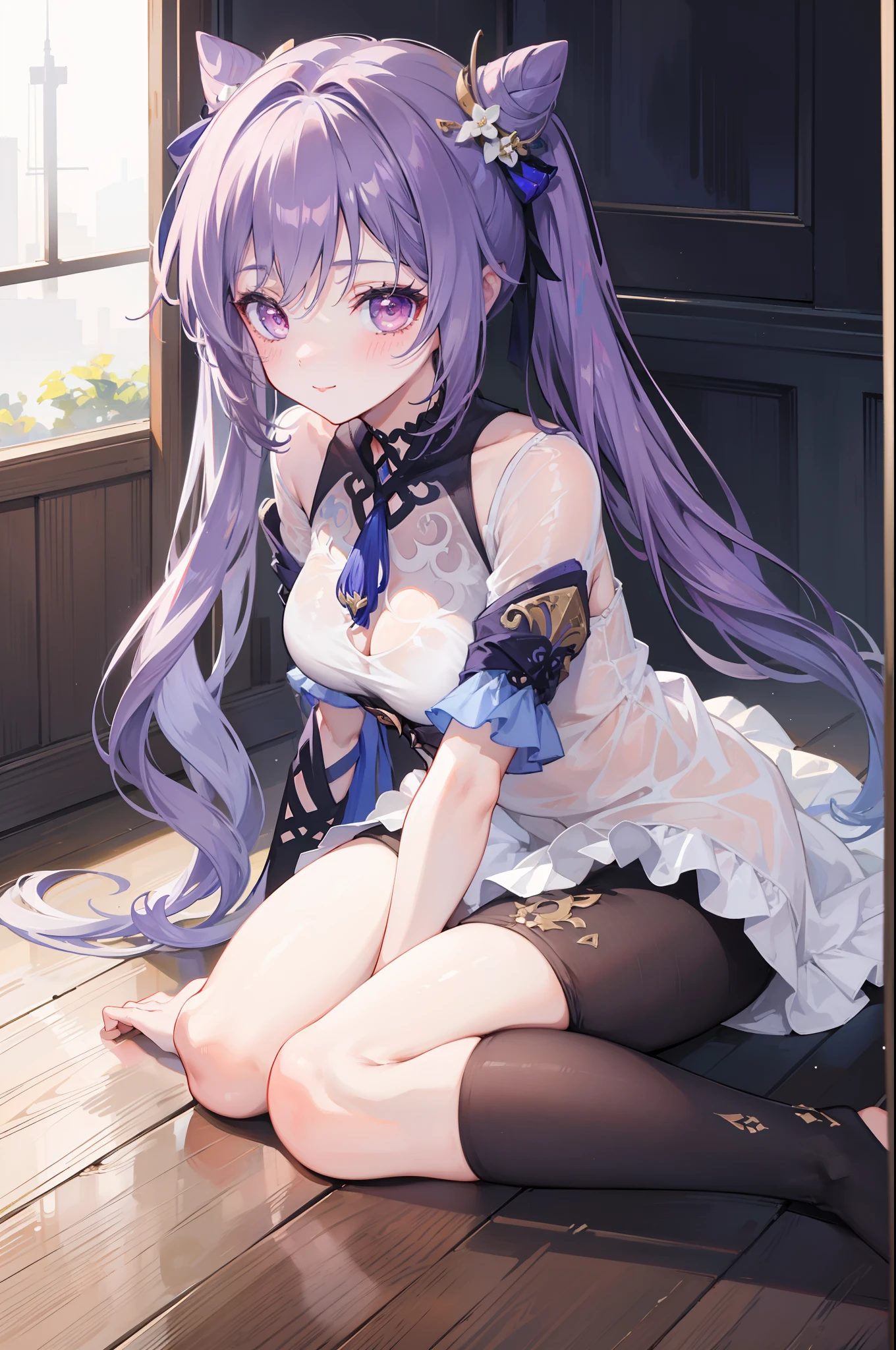 (masterpiece)1 girl, Keqing, Genshin Impact, best quality, expressive eyes, perfect face, upper Big body, smile, blush, Wearing Office Shirt wet, indoors, day, simple background, Laying Down, looking , Bright sky, looking at viewer, stairs, moody lighting