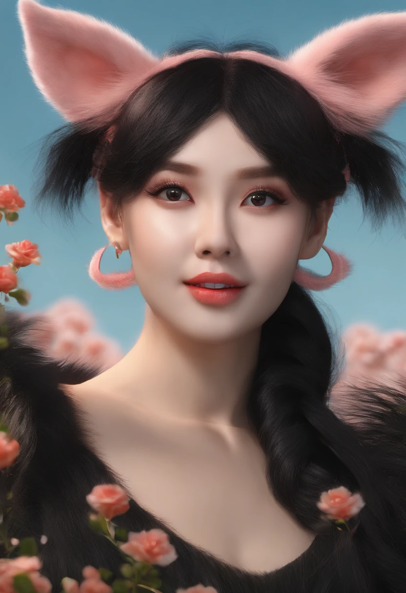black hair, hair bobbles, wince, longeyelashes, solid circle eyes, fake animal ears, light smile, ear blush, fang, Surrealism, drop shadow, anaglyph, stereogram, tachi-e, pov, atmospheric perspective, 8k, super detail, ccurate, best quality