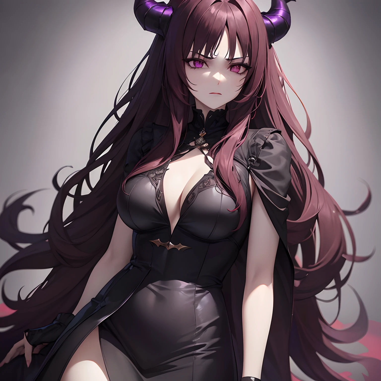 woman, disheveled brown long hair with a purple tint, horns and a dragon tail, a black open dress with lots of details, blank scary gaze with no emotions, red lipstick, pale skin, dark background