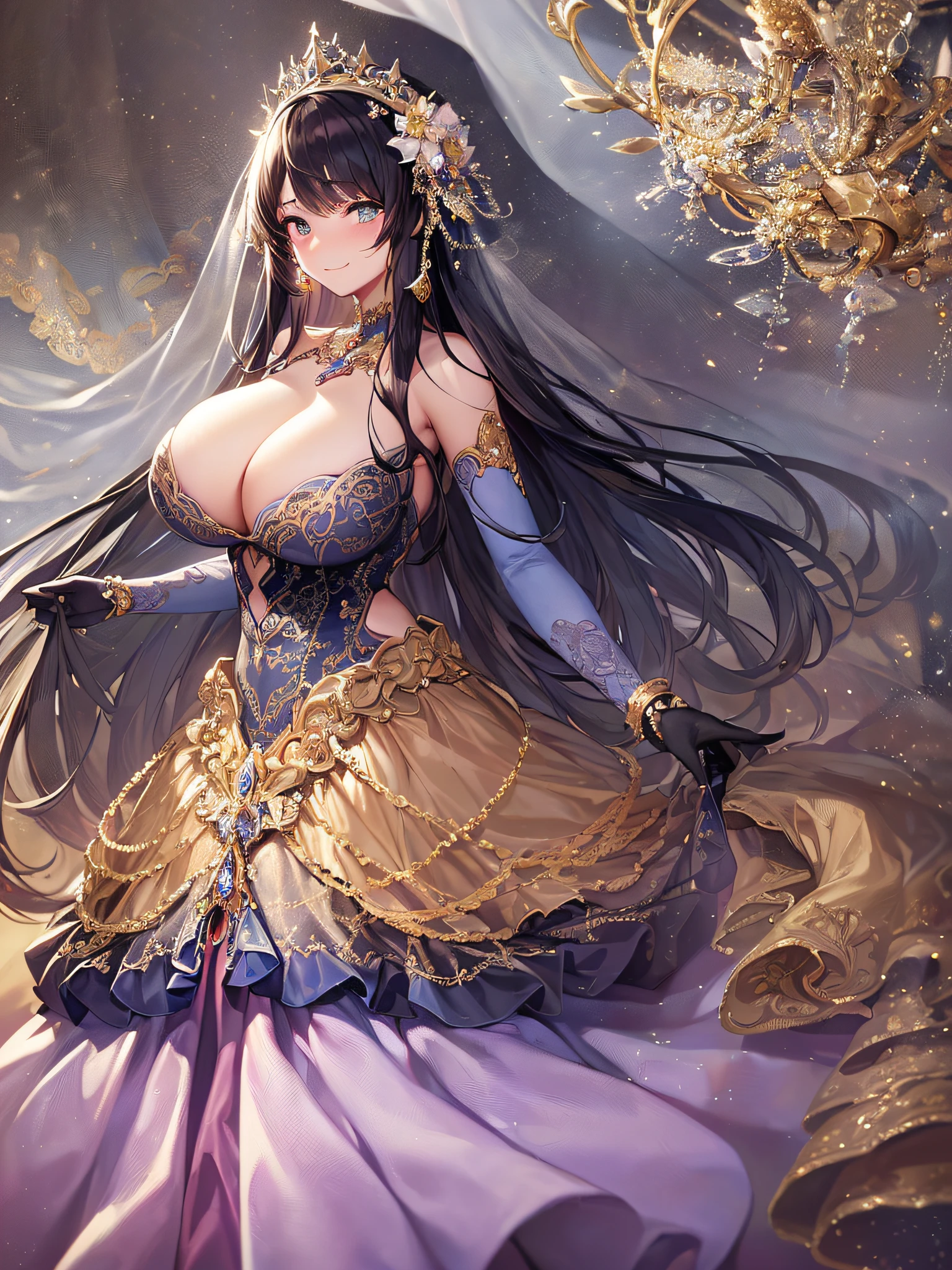 ((Anime Art Style)),(masutepiece),(Best Quality), (Super Detail),(Highly detailed CG Unity 8k wallpaper),((Very delicate and beautiful)),1 Lady,((Full body portrait)),((Stand in the garden)),((Solo)),(((One princess in a very gorgeous Rococo princess ball gown and a voluminous full-length hoop skirt adorned with gorgeous embroidery and jewels))),(((Giant Crinoline Hoop Skirt))),Long Train,((Gorgeous embroidery and jewelry)),voluminous ruffles,(((very very gigantic boobs,Skindentation))),cleavage,((Very long straight hair,Very voluminous straight long hair,Very long straight hair)),(finely detailed face and eyes),((Seductive smile,embarrassed)),Beautiful eyes like jewels,Very gorgeous hair ornament,(A very gorgeous tiara adorned with sparkly jewels),((Glitter Gorgeous Gemstone Jewelry)),Gorgeous Long Veil,((ultra long gloves)),(Beautiful background),(Full body),((Very gorgeous Rococo princess ball gown with gorgeous embroidery and jewels and voluminous full-length hoop skirt))