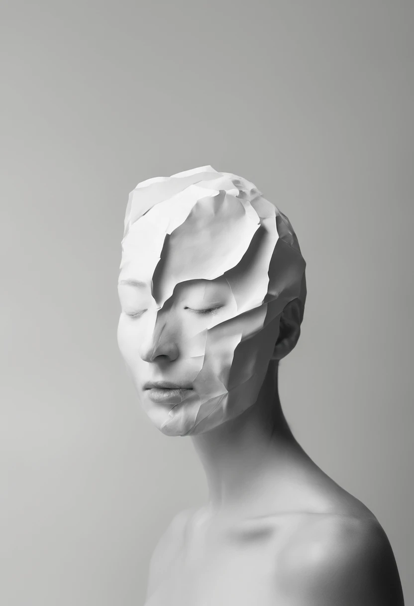 Hold your head with both hands, Wrinkled face made of paper, Exposed brain miso,Close up abstract portrait of face with closed eyes,Surreal dark art,4K