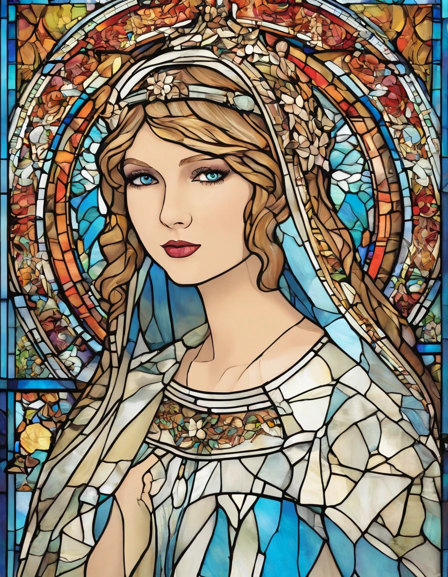 1 menina, Taylor Swift, 18 anos, alto, low water, louro, majo, cabelo loiro liso com franja, olhos azuis. White pilot suit with light blue accents. With a blue mantle like that of Our Lady of Grace. wearing prescription glasses.