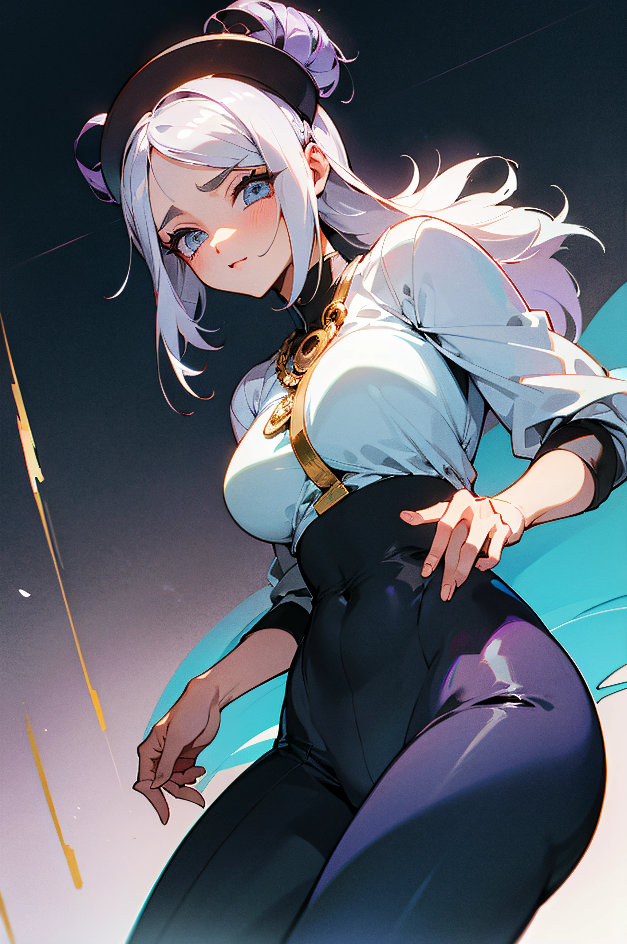 (Alta qualidade, Luzes detalhadas, Sombras detalhadas), 1 garota, cabelo branco, pele branca, olhos pretos, Wearing only a pair of pants, Breasts Visible, corpo inteiro, posturada, Simple scenario, ((anatomicamente correto)), alta resolução, Manga art style. --auto