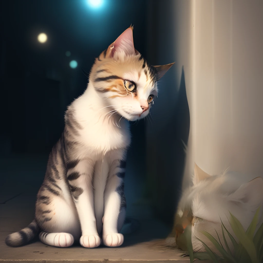 A cat with a crying expression,Sit,Sadness in the eyes,The background is the abyss