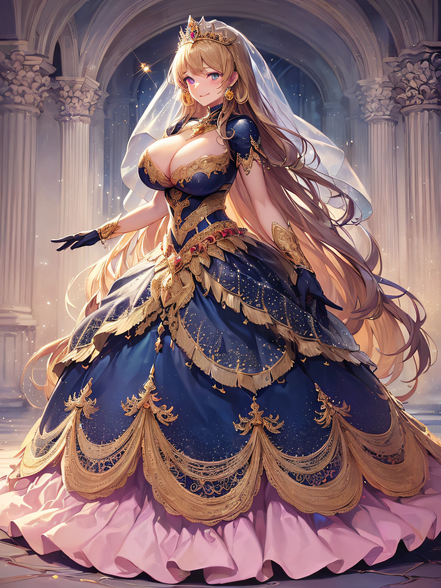 ((Anime Art Style)),(masutepiece),(Best Quality), (Super Detail),(Highly detailed CG Unity 8k wallpaper),((Very delicate and beautiful)),1 Lady,((Full body portrait)),((Stand in the garden)),((Solo)),(((One princess in a very gorgeous Rococo princess ball gown and a voluminous full-length hoop skirt adorned with gorgeous embroidery and jewels))),(((Giant Crinoline Hoop Skirt))),Long Train,((Gorgeous embroidery and jewelry)),voluminous ruffles,(((very very gigantic boobs,Skindentation))),cleavage,((Very long straight hair,Very voluminous straight long hair,Very long straight hair)),(finely detailed face and eyes),((Seductive smile,embarrassed)),Beautiful eyes like jewels,Very gorgeous hair ornament,(A very gorgeous tiara adorned with sparkly jewels),((Glitter Gorgeous Gemstone Jewelry)),Gorgeous Long Veil,((ultra long gloves)),(Beautiful background),(Full body),((Very gorgeous Rococo princess ball gown with gorgeous embroidery and jewels and voluminous full-length hoop skirt))