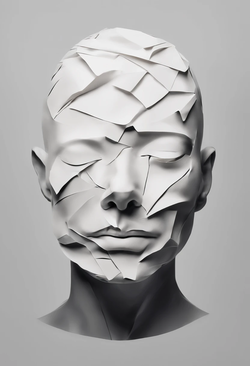 Hold your head with both hands, Wrinkled face made of paper, Exposed brain miso,Face with closed eyes,Abstract portrait close up,Surreal dark art,4K,详细的脸