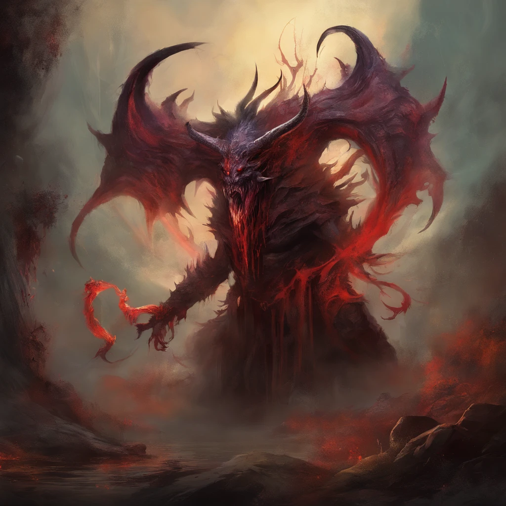 Painting of a demonic creature with a bloodied face and a bloodied head, carnificina, Sci - The Art of Horror Fiction, Science fiction horror arts, inspirado em Aleksi Briclot, As presas da carnificina, Horror art in the fantasy genre, Directed by: Aleksi Briclot, arte conceitual de terror, veneno, Arte de fantasia e terror, Detailed illustration of 4K horror, demonic creature, arte de terror de fantasia sombria, demonic horns, puro mal, marcas no rosto, lingua pra fora