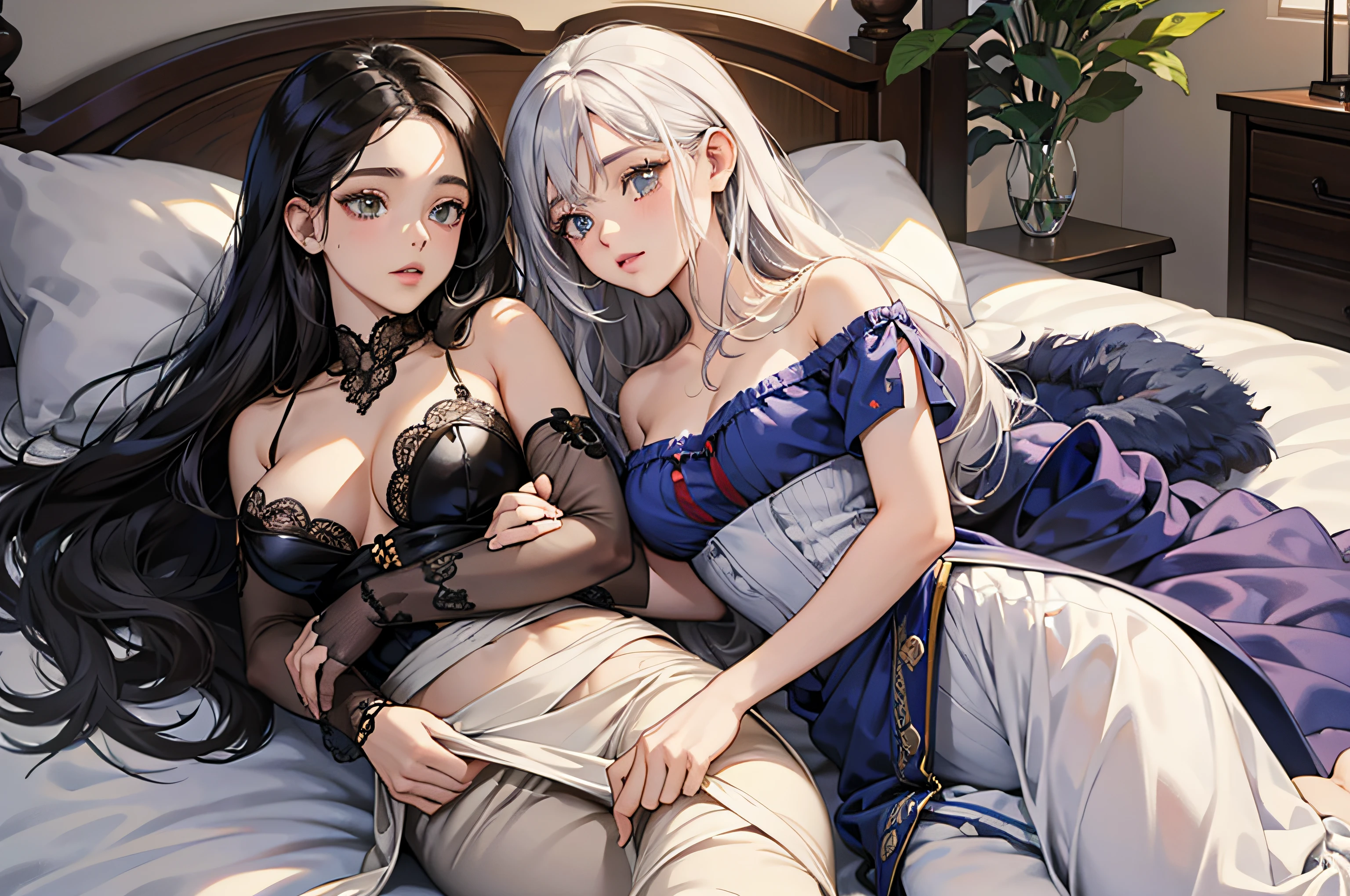 (Alta qualidade, Luzes detalhadas, Sombras detalhadas), 1 garota, cabelo branco, pele branca, olhos pretos, Wearing only a pair of pants, Breasts Visible, corpo inteiro, posturada, Simple scenario, ((anatomicamente correto)), alta resolução, Manga art style. --auto