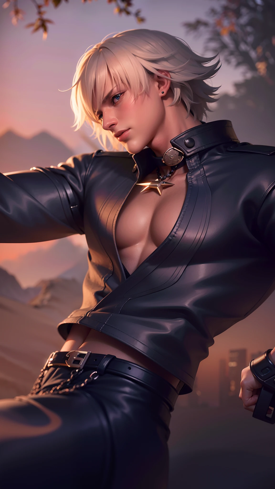 masculine male, masterpiece, ((perfect eyes)) best quality, (semirealism:1.9), beautiful lighting, (extremely detailed CG unity 4k fhd wallpaper), High Detail, Sharp focus, dramatic outdoors, 1 boy ,19 years old, white hair, light purpel eyes, smile.