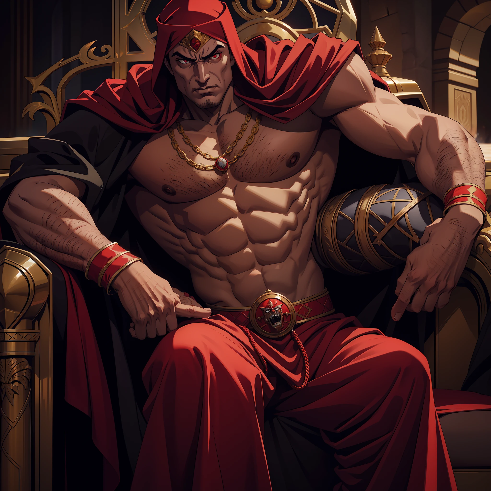 Super Detailed Dynamic Shot of Lord Dracula's Centerpiece Medieval Arab Warrior with Red Turban Scary Face Hokuto No Ken Structure Muscular Face Kenshiro sitting on his legendary Moroccan throne surrounded by demons and 3 scary demons Speaking of old Rolls Royce movie scenes Epic Movie Hyper Realistic Movie Legendary Movie Epic Movie Epic Movie Epic Movie Epic Movie