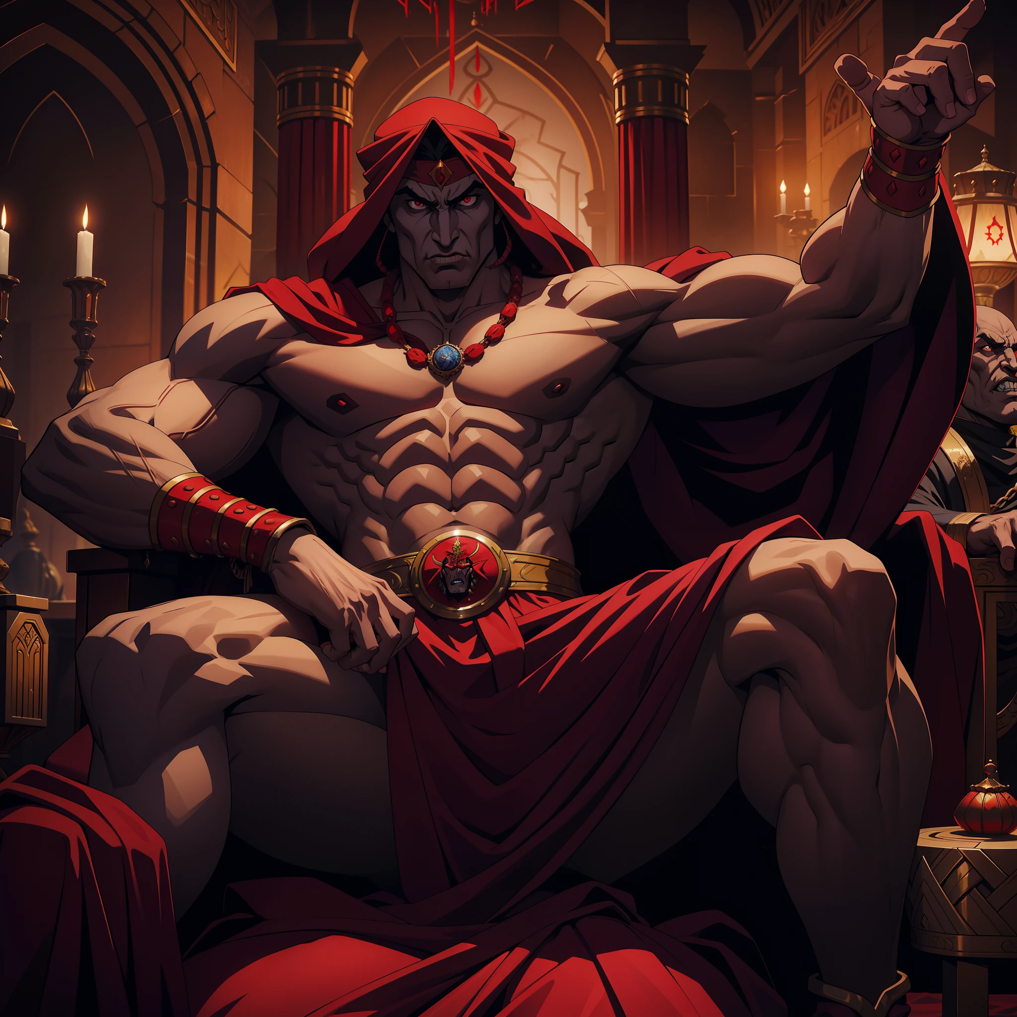 Super Detailed Dynamic Shot of Lord Dracula's Centerpiece Medieval Arab Warrior with Red Turban Scary Face Hokuto No Ken Structure Muscular Face Kenshiro sitting on his legendary Moroccan throne surrounded by demons and 3 scary demons Speaking of old Rolls Royce movie scenes Epic Movie Hyper Realistic Movie Legendary Movie Epic Movie Epic Movie Epic Movie Epic Movie