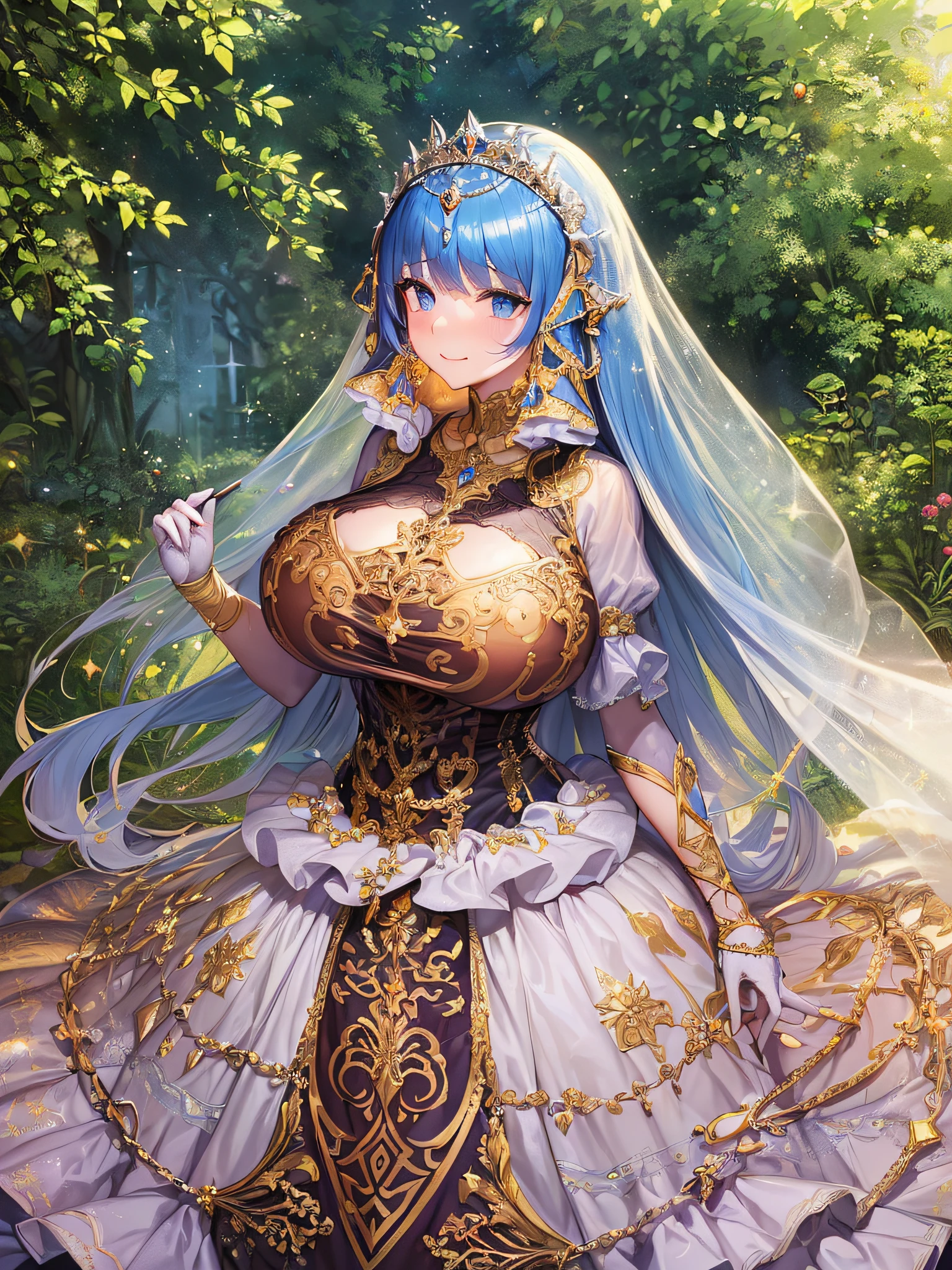 ((Anime Art Style)),(masutepiece),(Best Quality), (Super Detail),(Highly detailed CG Unity 8k wallpaper),((Very delicate and beautiful)),1 Lady,((Full body portrait)),((Stand in the garden)),((Solo)),(((One princess in a very gorgeous Rococo princess ball gown and a voluminous full-length hoop skirt adorned with gorgeous embroidery and jewels))),(((Giant Crinoline Hoop Skirt))),Long Train,((Gorgeous embroidery and jewelry)),voluminous ruffles,(((very very gigantic boobs,Skindentation))),cleavage,((Very long straight hair,Very voluminous straight long hair,Very long straight hair)),(finely detailed face and eyes),((Seductive smile,embarrassed)),Beautiful eyes like jewels,Very gorgeous hair ornament,(A very gorgeous tiara adorned with sparkly jewels),((Glitter Gorgeous Gemstone Jewelry)),Gorgeous Long Veil,((ultra long gloves)),(Beautiful background),(Full body),((Very gorgeous Rococo princess ball gown with gorgeous embroidery and jewels and voluminous full-length hoop skirt))