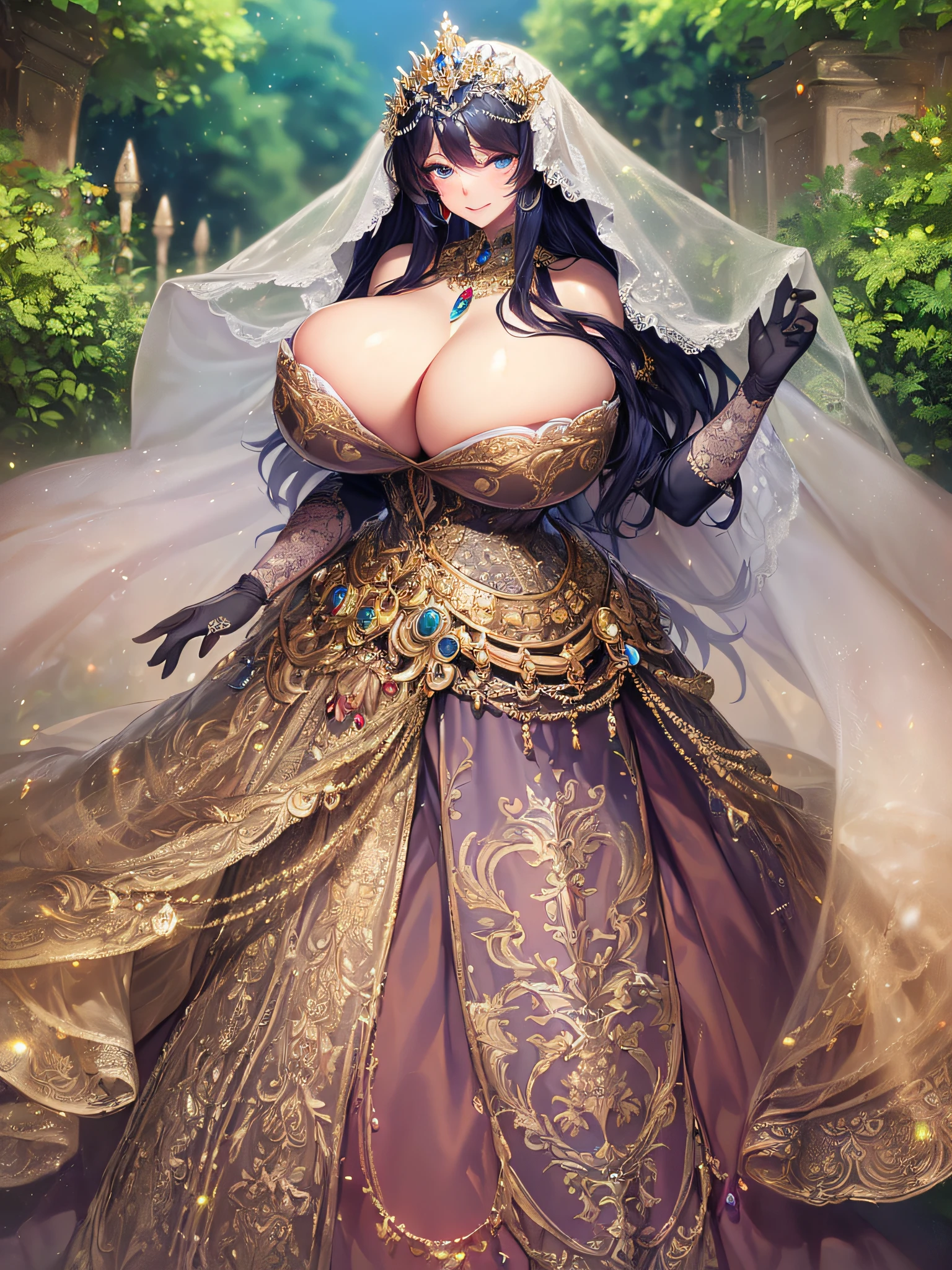 ((Anime Art Style)),(masutepiece),(Best Quality), (Super Detail),(Highly detailed CG Unity 8k wallpaper),((Very delicate and beautiful)),1 Lady,((Full body portrait)),((Stand in the garden)),((Solo)),(((One princess in a very gorgeous Rococo princess ball gown and a voluminous full-length hoop skirt adorned with gorgeous embroidery and jewels))),(((Giant Crinoline Hoop Skirt))),Long Train,((Gorgeous embroidery and jewelry)),voluminous ruffles,(((very very gigantic boobs,Skindentation))),cleavage,((Very long straight hair,Very voluminous straight long hair,Very long straight hair)),(finely detailed face and eyes),((Seductive smile,embarrassed)),Beautiful eyes like jewels,Very gorgeous hair ornament,(A very gorgeous tiara adorned with sparkly jewels),((Glitter Gorgeous Gemstone Jewelry)),Gorgeous Long Veil,((ultra long gloves)),(Beautiful background),(Full body),((Very gorgeous Rococo princess ball gown with gorgeous embroidery and jewels and voluminous full-length hoop skirt))