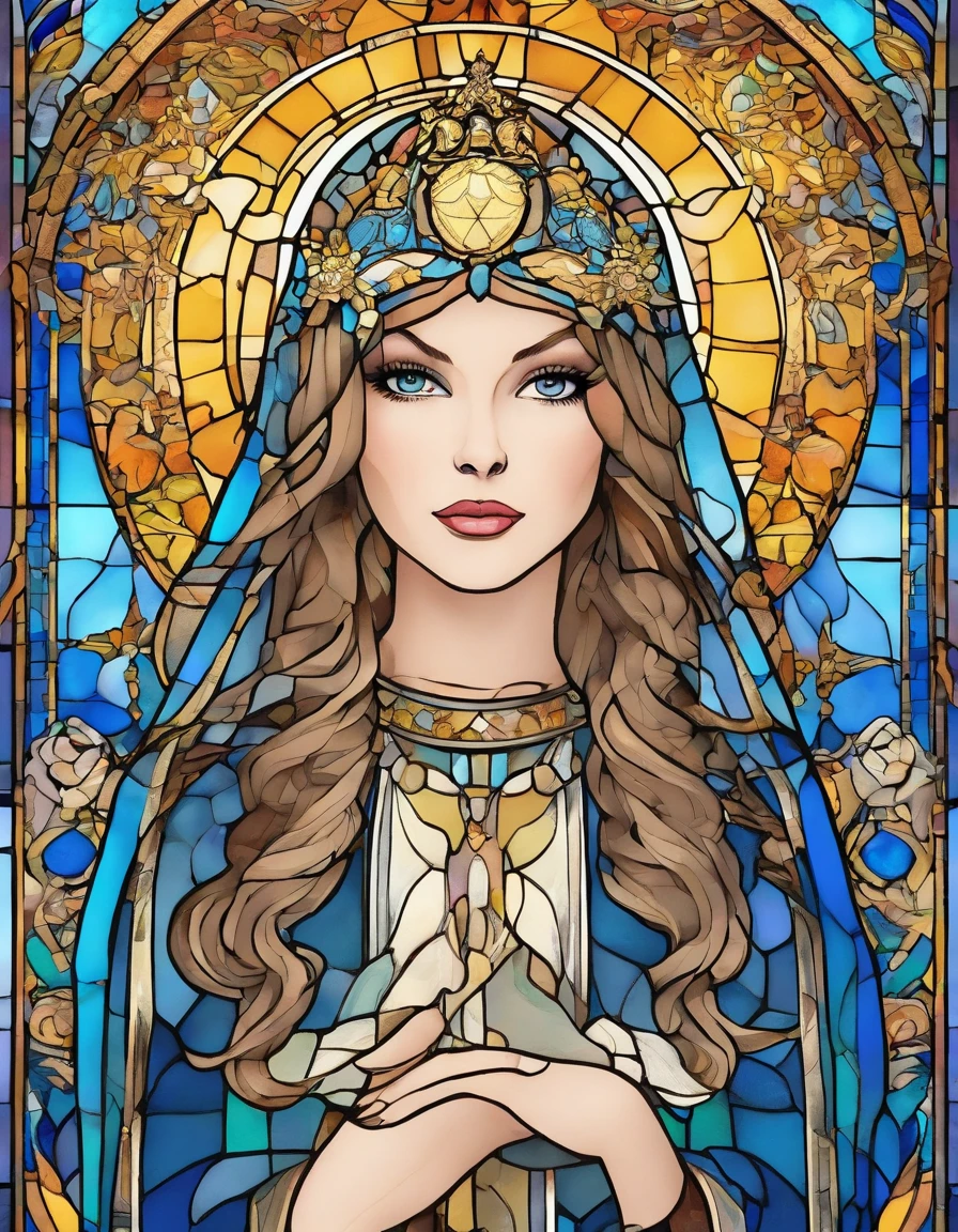1 , Taylor Swift, 18 anos, alto, low water, louro, majo, cabelo loiro liso com franja, olhos azuis. Terno piloto branco com detalhes em azul claro. With a blue mantle like that of Our Lady of Grace. wearing prescription glasses.