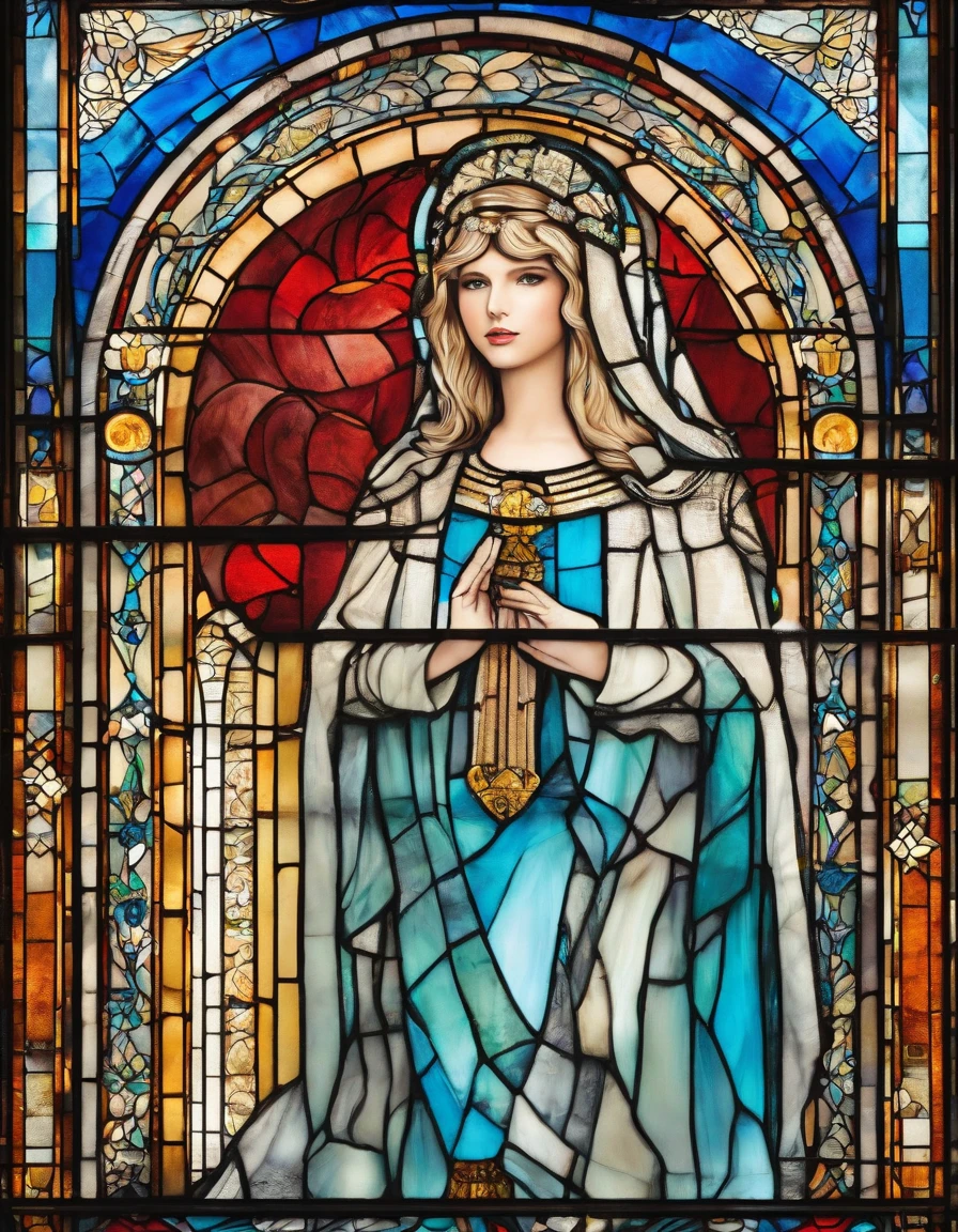 1 menina, Taylor Swift, 18 anos, alto, low water, louro, majo, cabelo loiro liso com franja, olhos azuis. Terno piloto branco com detalhes em azul claro. With a blue mantle like that of Our Lady of Grace. wearing prescription glasses.
