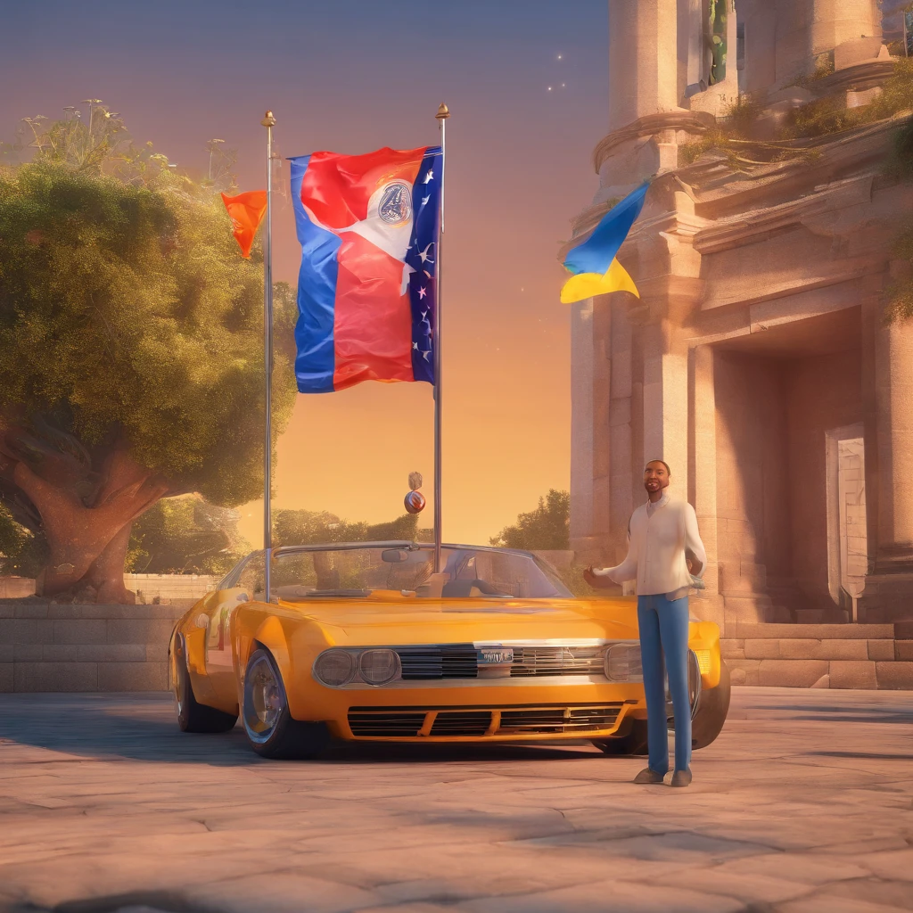 smiling man and woman standing in front of a wall with flags, wpol and sarasti, cosmos in the background, with godray, cosmos, mscow, facebook post, in the background, with donald trump, cospay, at sunrise, artistic pose, with massive, cosmos exploration, reddit post, captured on iphone, cosmos backdrop