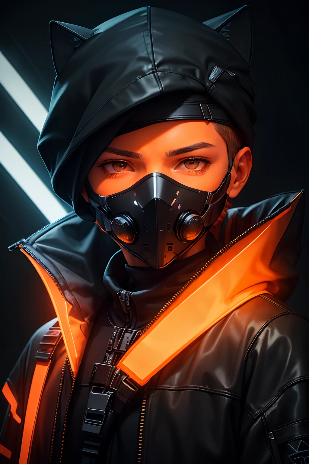 ("Techwear boy wearing LED mask")+("Orange cat with bandana in hand")+("Neon lights in the background") black background