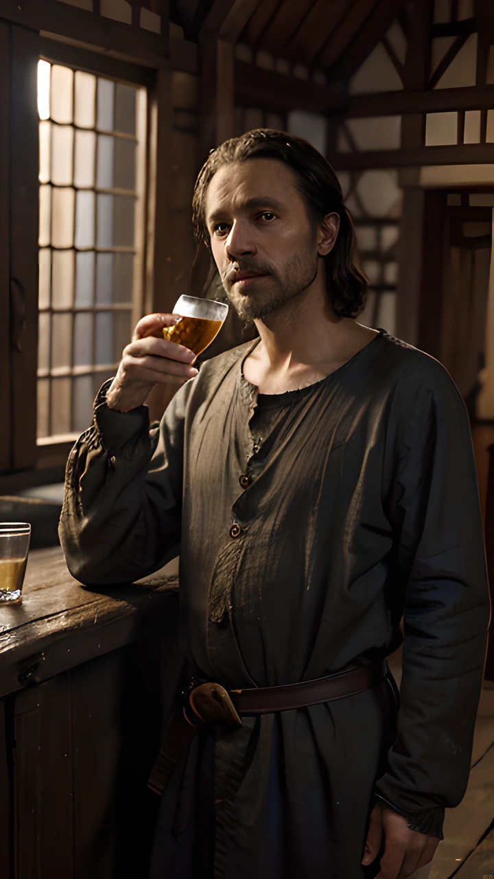 Waist-length image, In the center of the frame, An alcoholic man, ugly, lean, 35 years old, (dressed in early medieval poor dirty clothes:1.2), ragamuffin, drunk, embarressed, awkward, (Humorous portrait), Blurred background of a medieval tavern, 8K, IMAX, Extreme detailing, topquality, ultraHD, Complex, sharp-focus, HDR, Photorealistic