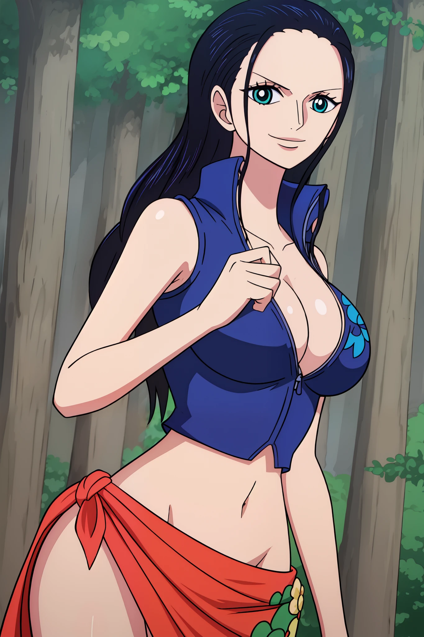 Nico Robin from one piece, black ling hair, blue eyes, dark wide pupils, smiling, big breasts, large size boobs, sunglass, wearing a long salmon sarong skirt that has a design of a green seaweed with red and yellow flowers on the side, zipped short-sleeved navy blue leather vest with a V-neck line, standing in forest,