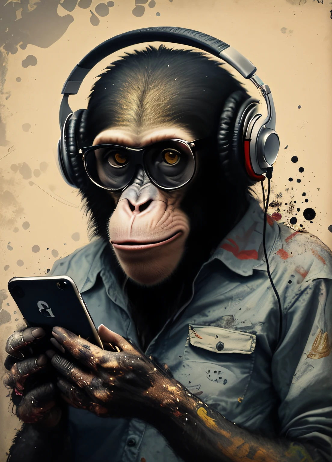 um close up de um macaco com fones de ouvido segurando um celular, macaco entediado nft, extremely high quality artwork, Directed by: Alex Petruk APe, Listening to music, arte de alta qualidade, vibing to music, macaco entediado, obras de arte impressionantes, awesome art, arte linda, inspirado em Igor Morski, ele tem fones de ouvido, com fones de ouvido, music is life