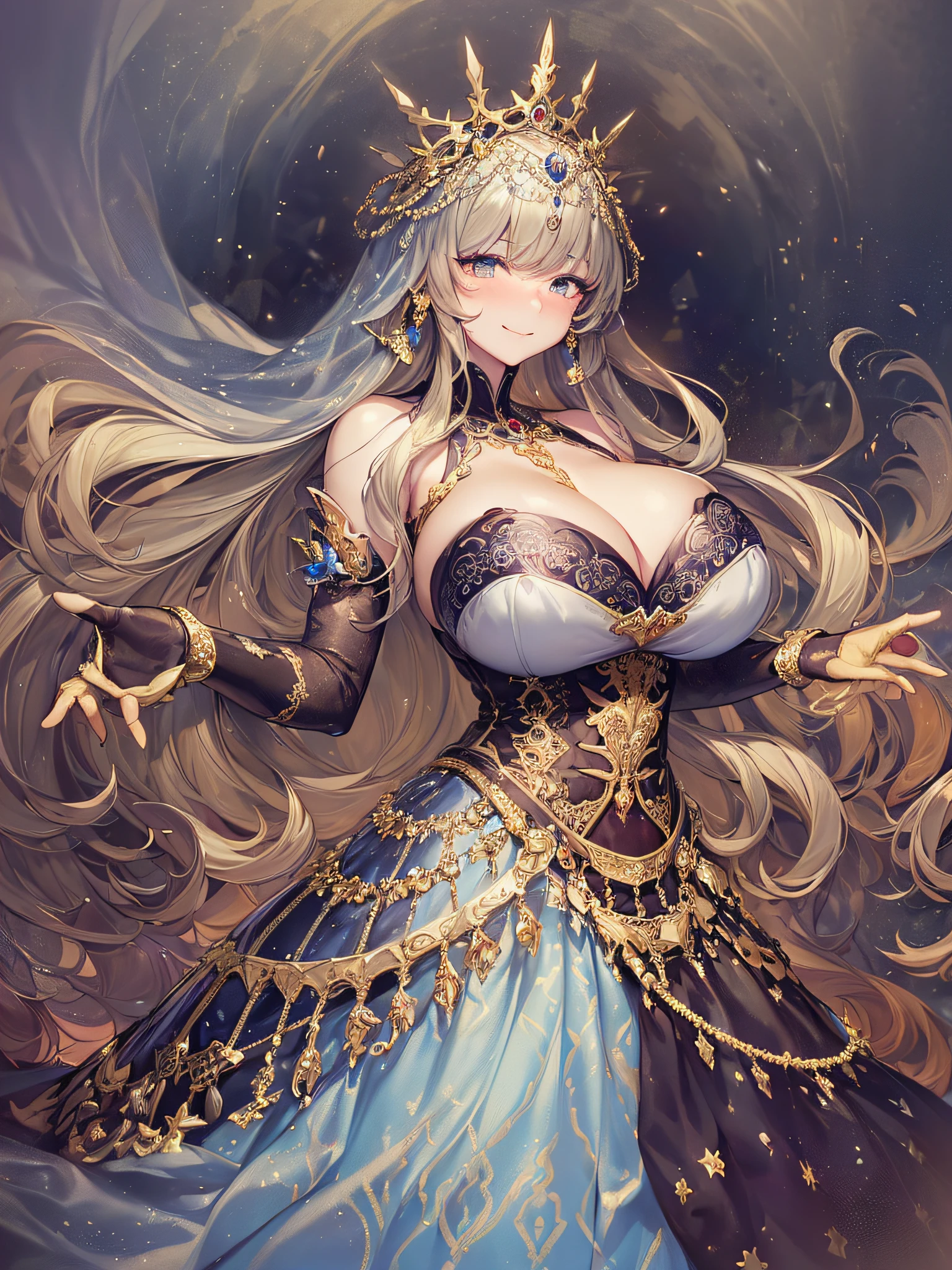 ((Anime Art Style)),(masutepiece),(Best Quality), (Super Detail),(Highly detailed CG Unity 8k wallpaper),((Very delicate and beautiful)),1 Lady,((Full body portrait)),((Stand in the garden)),((Solo)),(((One princess in a very gorgeous Rococo princess ball gown and a voluminous full-length hoop skirt adorned with gorgeous embroidery and jewels))),(((Giant Crinoline Hoop Skirt))),Long Train,((Gorgeous embroidery and jewelry)),voluminous ruffles,(((very very gigantic boobs,Skindentation))),cleavage,((Very long straight hair,Very voluminous straight long hair,Very long straight hair)),(finely detailed face and eyes),((Seductive smile,embarrassed)),Beautiful eyes like jewels,Very gorgeous hair ornament,(A very gorgeous tiara adorned with sparkly jewels),((Glitter Gorgeous Gemstone Jewelry)),Gorgeous Long Veil,((ultra long gloves)),(Beautiful background),(Full body),((Very gorgeous Rococo princess ball gown with gorgeous embroidery and jewels and voluminous full-length hoop skirt))