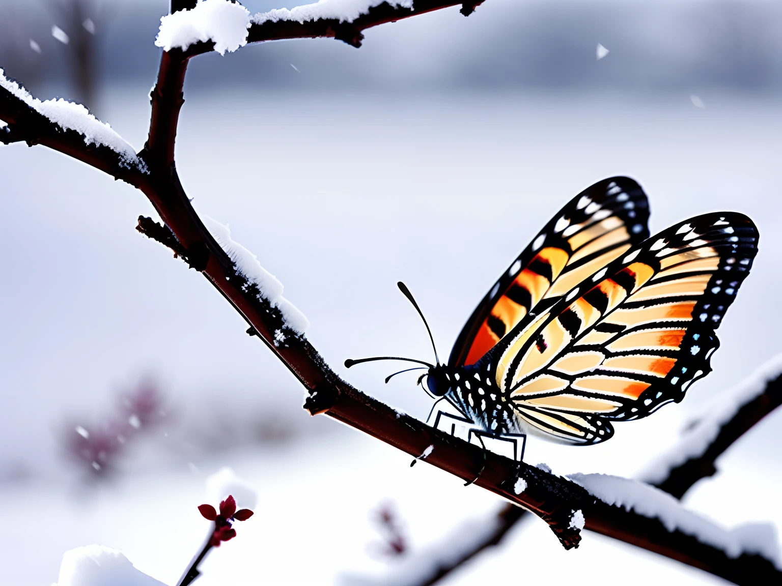 Winters,In the cold wind, A butterfly is forced to stay on a plum blossom,It snows in winter,There was a cold wind