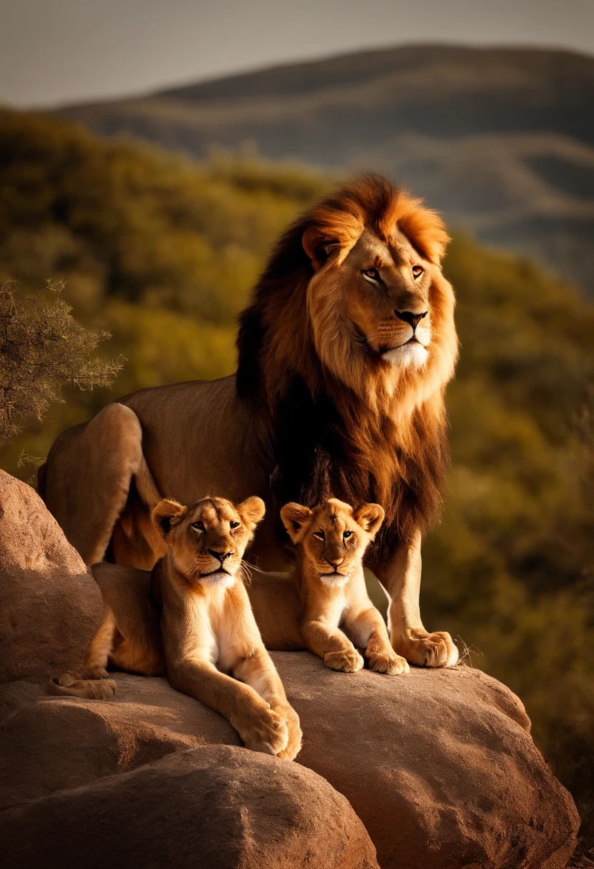 There are two lions sitting on a rock with three  lions, lions, the lion king, family portrait, Happy family, trending ，, alta qualidade de imagem, beautiful high resolution, foto de uma bela, marido esposa e filho, Family photo, fotos de alta qualidade, awesome art, olhar orgulhoso, 4 mil'', Directed by: Alexander Kucharsky, Directed by: Micha Klein