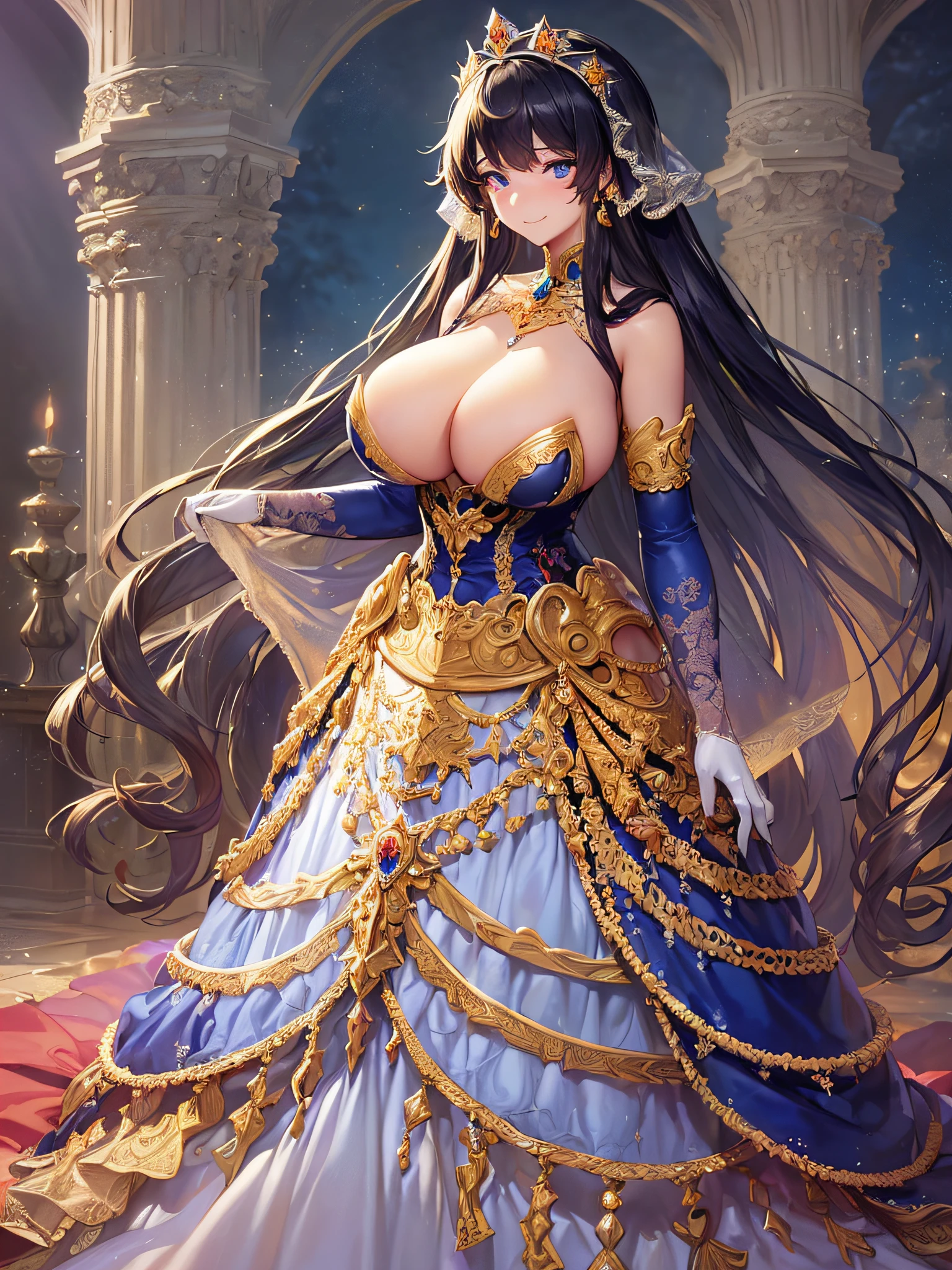 ((Anime Art Style)),(masutepiece),(Best Quality), (Super Detail),(Highly detailed CG Unity 8k wallpaper),((Very delicate and beautiful)),1 Lady,((Full body portrait)),((Stand in the garden)),((Solo)),(((One princess in a very gorgeous Rococo princess ball gown and a voluminous full-length hoop skirt adorned with gorgeous embroidery and jewels))),(((Giant Crinoline Hoop Skirt))),Long Train,((Gorgeous embroidery and jewelry)),voluminous ruffles,(((very very gigantic boobs,Skindentation))),cleavage,((Very long straight hair,Very voluminous straight long hair,Very long straight hair)),(finely detailed face and eyes),((Seductive smile,embarrassed)),Beautiful eyes like jewels,Very gorgeous hair ornament,(A very gorgeous tiara adorned with sparkly jewels),((Glitter Gorgeous Gemstone Jewelry)),Gorgeous Long Veil,((ultra long gloves)),(Beautiful background),(Full body),((Very gorgeous Rococo princess ball gown with gorgeous embroidery and jewels and voluminous full-length hoop skirt))