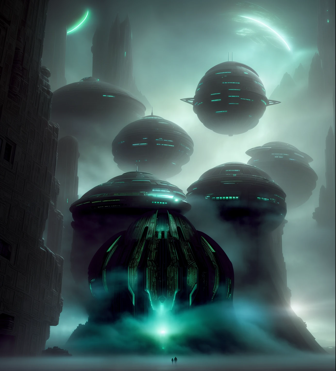 there is a large building that is in the middle of green poison fog, alien mothership, alien mothership in in a planet dark sky background, exterior of scifi temple, alien structure, futuristic dome, dramatic lighting sci fi,, luminous scifi engine, scifi scene, dramatic sci-fi movie still, depicted as a scifi scene, glowing fog intricate, interplanetary cathedral