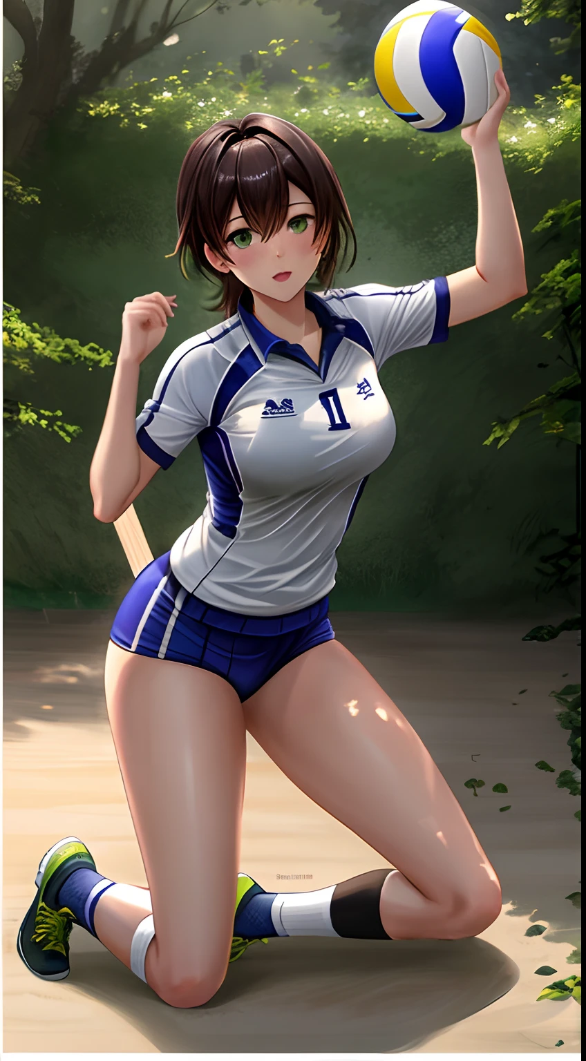 Shoichi, uploaded on e621, by Pixelsketcher, by Bayard Wu, by Thomas Benjamin Kennington , by Einshelm, 独奏, full - body, Volley Uniform, volleyball, volleyball court, Green eyes