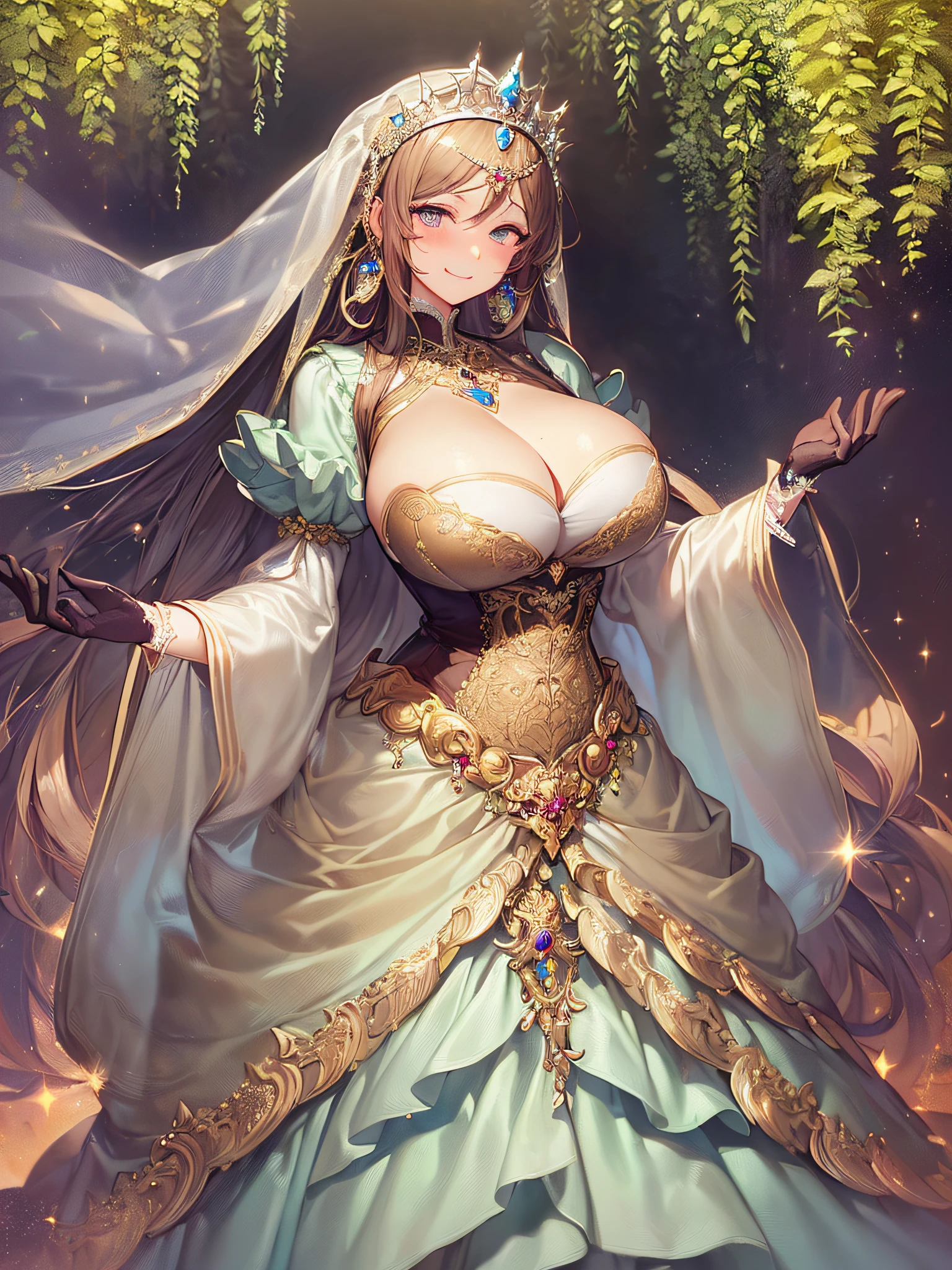 ((Anime Art Style)),(masutepiece),(Best Quality), (Super Detail),(Highly detailed CG Unity 8k wallpaper),((Very delicate and beautiful)),1 Lady,((Full body portrait)),((Stand in the garden)),((Solo)),(((One princess in a very gorgeous Rococo princess ball gown and a voluminous full-length hoop skirt adorned with gorgeous embroidery and jewels))),(((Giant Crinoline Hoop Skirt))),Long Train,((Gorgeous embroidery and jewelry)),voluminous ruffles,(((very very gigantic boobs,Skindentation))),cleavage,((Very long straight hair,Very voluminous straight long hair,Very long straight hair)),(finely detailed face and eyes),((Seductive smile,embarrassed)),Beautiful eyes like jewels,Very gorgeous hair ornament,(A very gorgeous tiara adorned with sparkly jewels),((Glitter Gorgeous Gemstone Jewelry)),Gorgeous Long Veil,((ultra long gloves)),(Beautiful background),(Full body),((Very gorgeous Rococo princess ball gown with gorgeous embroidery and jewels and voluminous full-length hoop skirt))