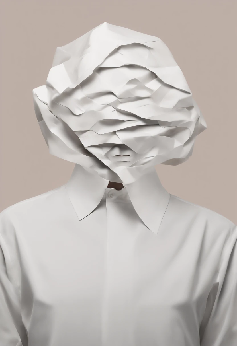 Hold your head with both hands, Wrinkled face made of paper, Exposed brain miso,Face with closed eyes,Abstract portrait close up,Surreal dark art,4K,详细的脸,smile